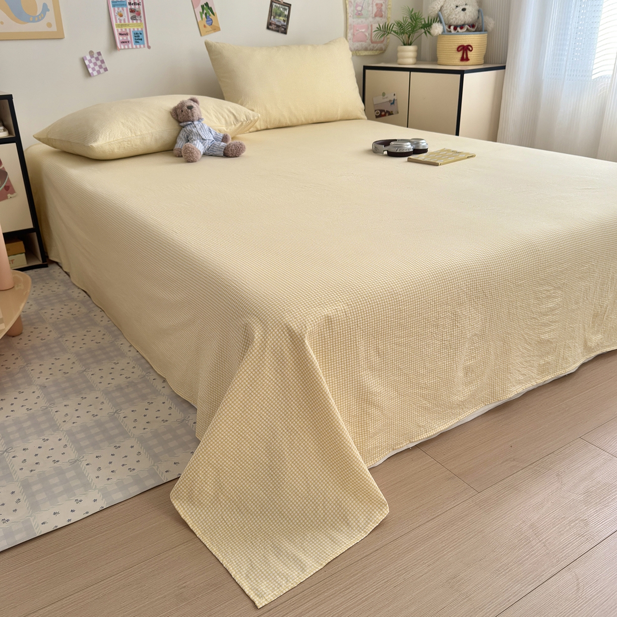 91家纺网 家纺一手货源 找家纺 沐芷 2026 【提供买家秀】A类单床单古法水洗仿棉 单人双人床单三件套 迷你格-黄