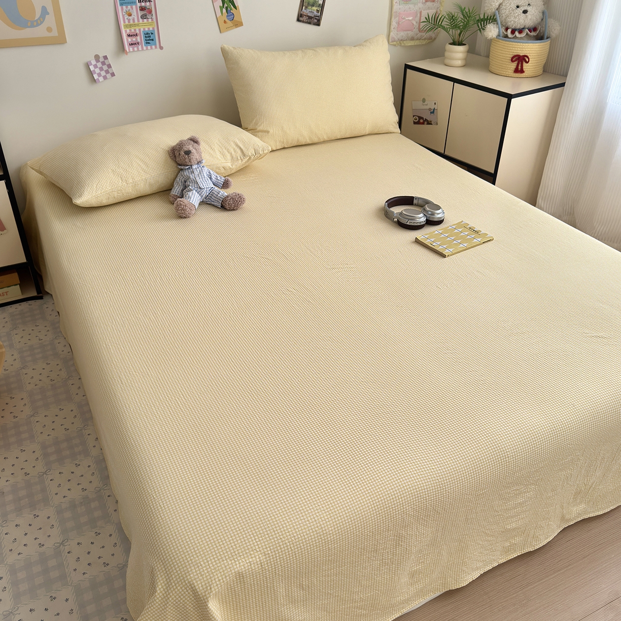 91家纺网 家纺一手货源 找家纺 沐芷 2026 【提供买家秀】A类单床单古法水洗仿棉 单人双人床单三件套 迷你格-黄