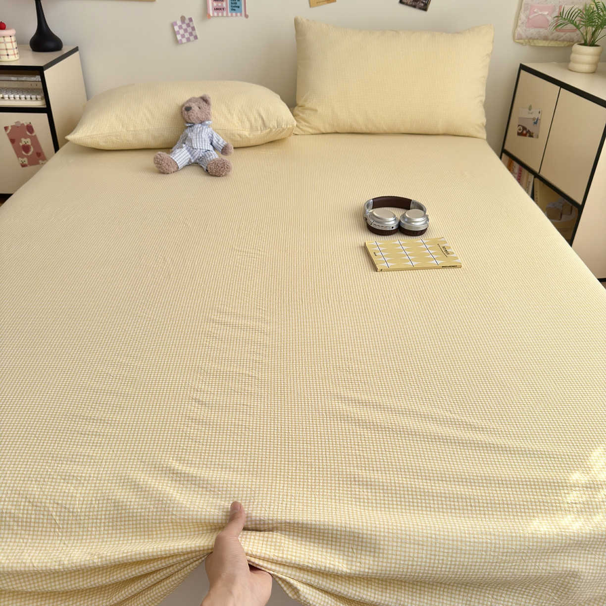 91家纺网 家纺一手货源 找家纺 沐芷 2026 【提供买家秀】A类单床单古法水洗仿棉 单人双人床单三件套 迷你格-黄