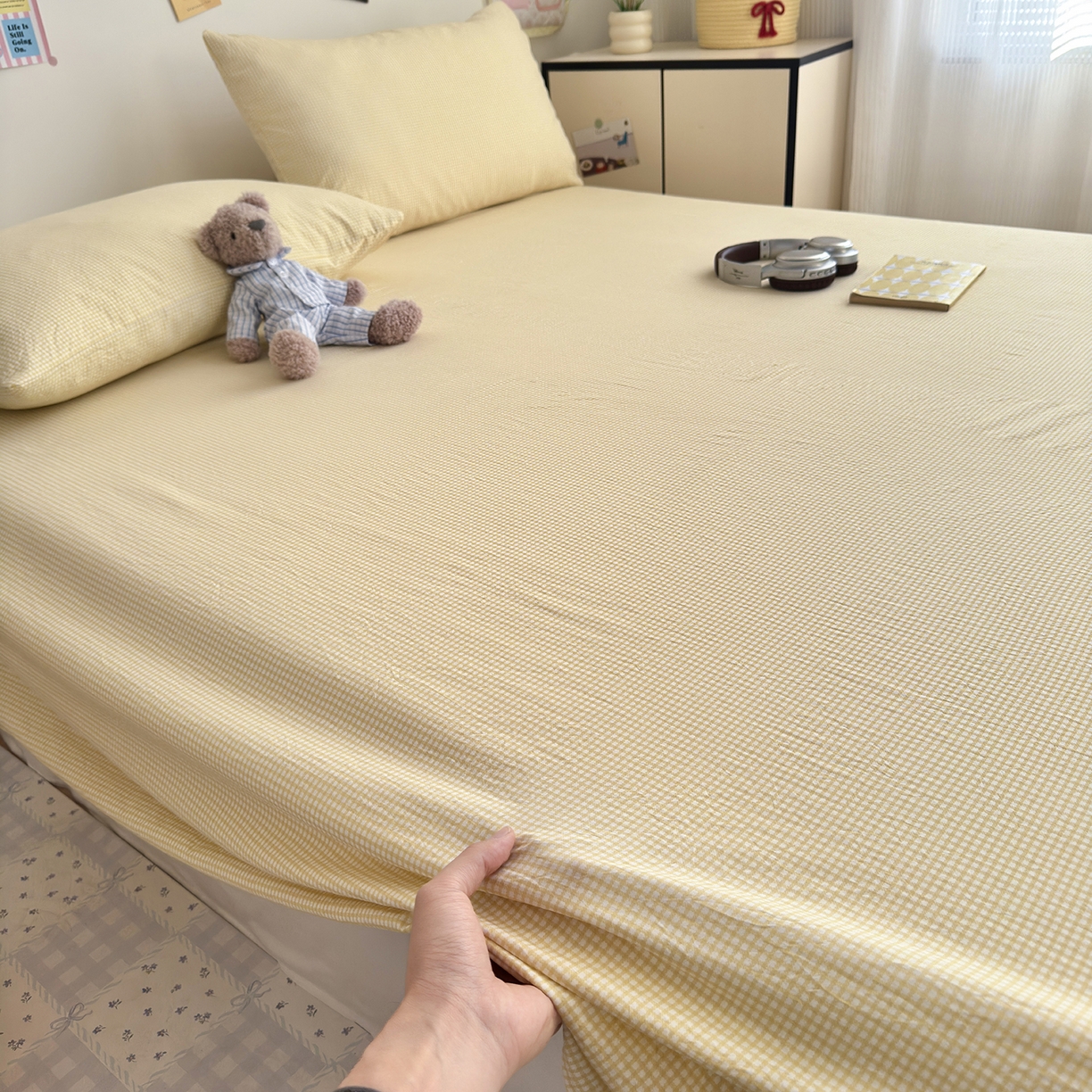 91家纺网 家纺一手货源 找家纺 沐芷 2026 【提供买家秀】A类单床单古法水洗仿棉 单人双人床单三件套 迷你格-黄