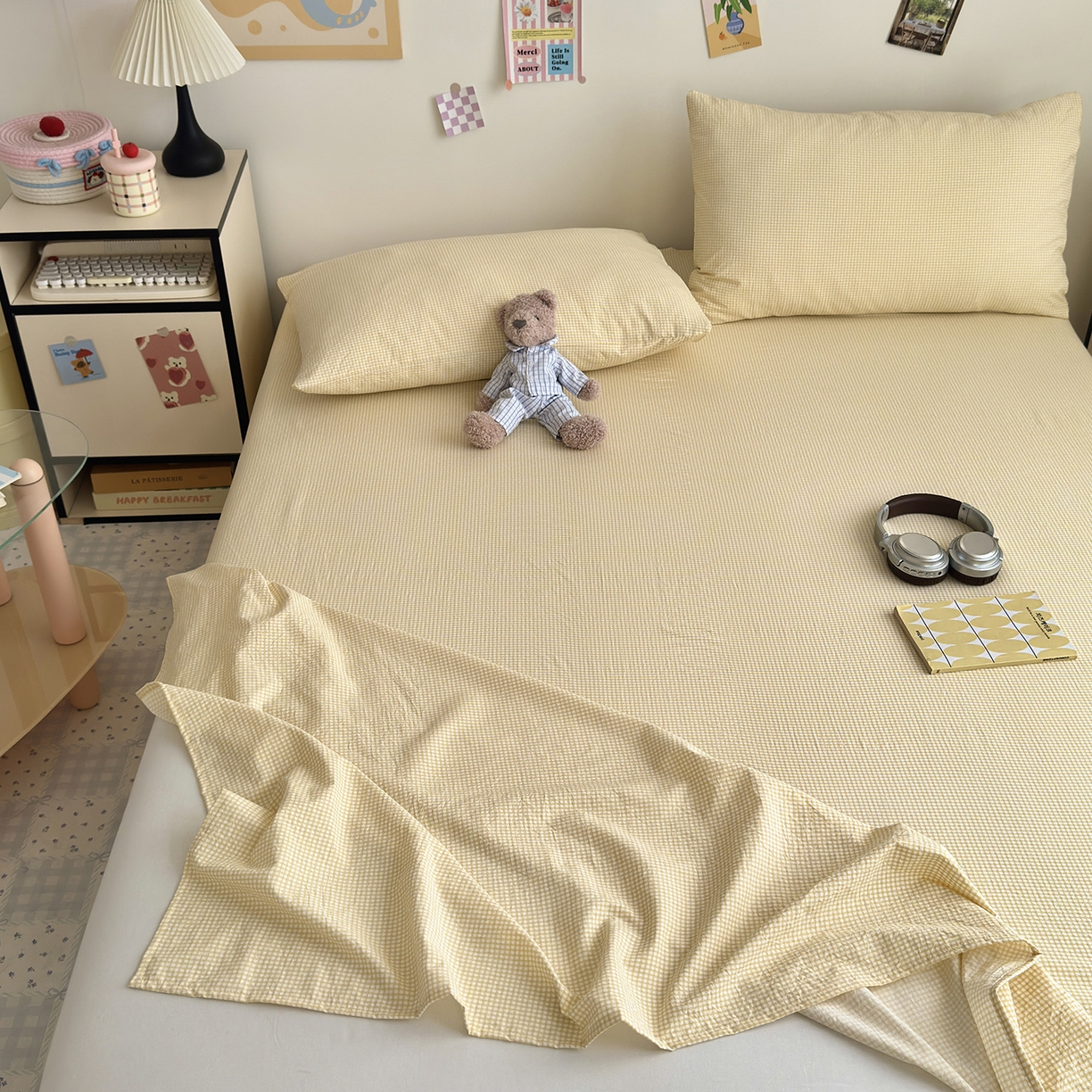 91家纺网 家纺一手货源 找家纺 沐芷 2026 【提供买家秀】A类单床单古法水洗仿棉 单人双人床单三件套 迷你格-黄