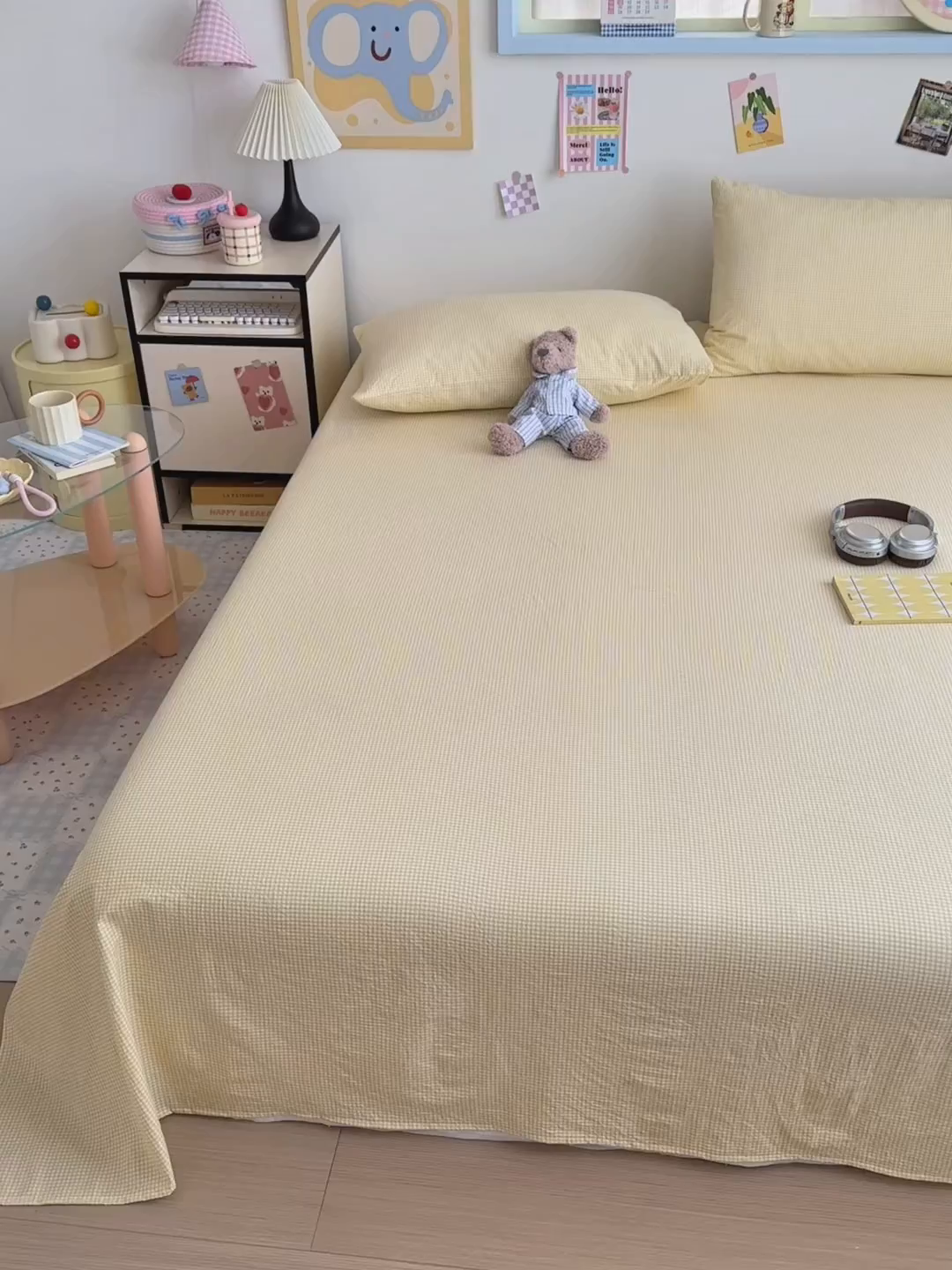 91家纺网 家纺一手货源 找家纺 沐芷 2026 【提供买家秀】A类单床单古法水洗仿棉 单人双人床单三件套 迷你格-黄