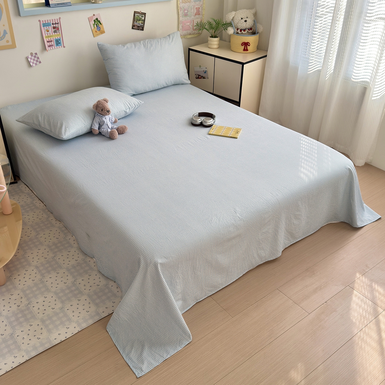 91家纺网 家纺一手货源 找家纺 沐芷 2026 【提供买家秀】A类单床单古法水洗仿棉 单人双人床单三件套 迷你格-蓝