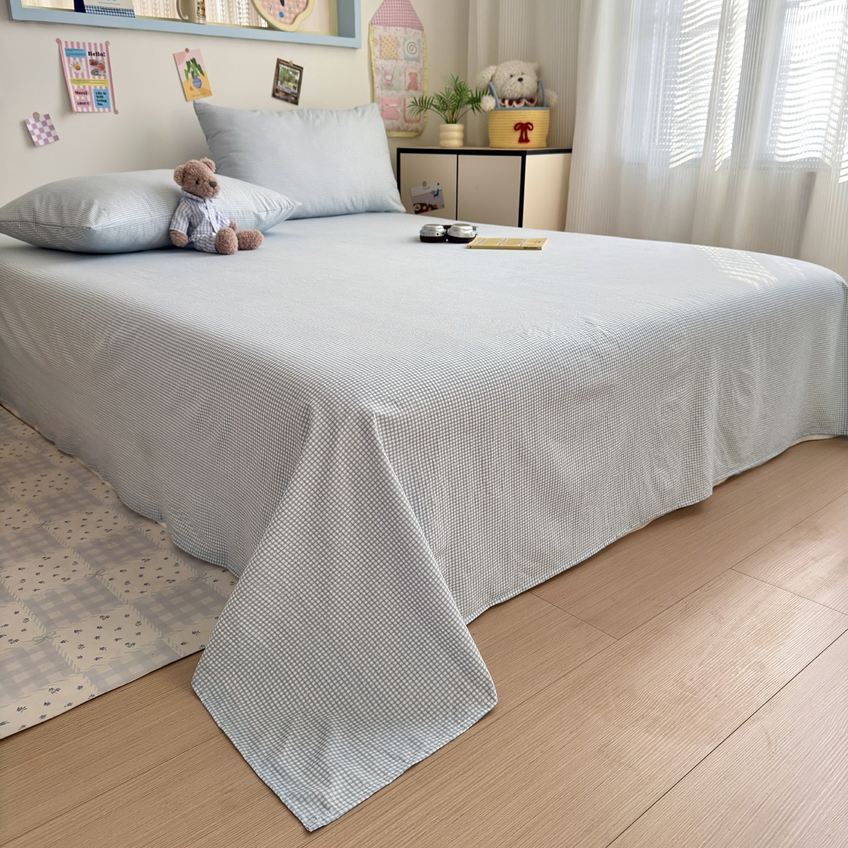 91家纺网 家纺一手货源 找家纺 沐芷 2026 【提供买家秀】A类单床单古法水洗仿棉 单人双人床单三件套 迷你格-蓝