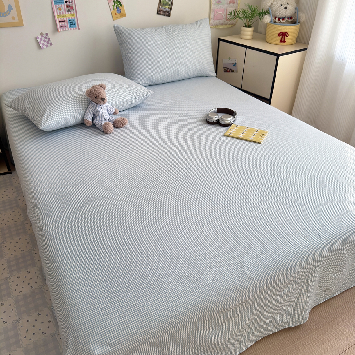 91家纺网 家纺一手货源 找家纺 沐芷 2026 【提供买家秀】A类单床单古法水洗仿棉 单人双人床单三件套 迷你格-蓝