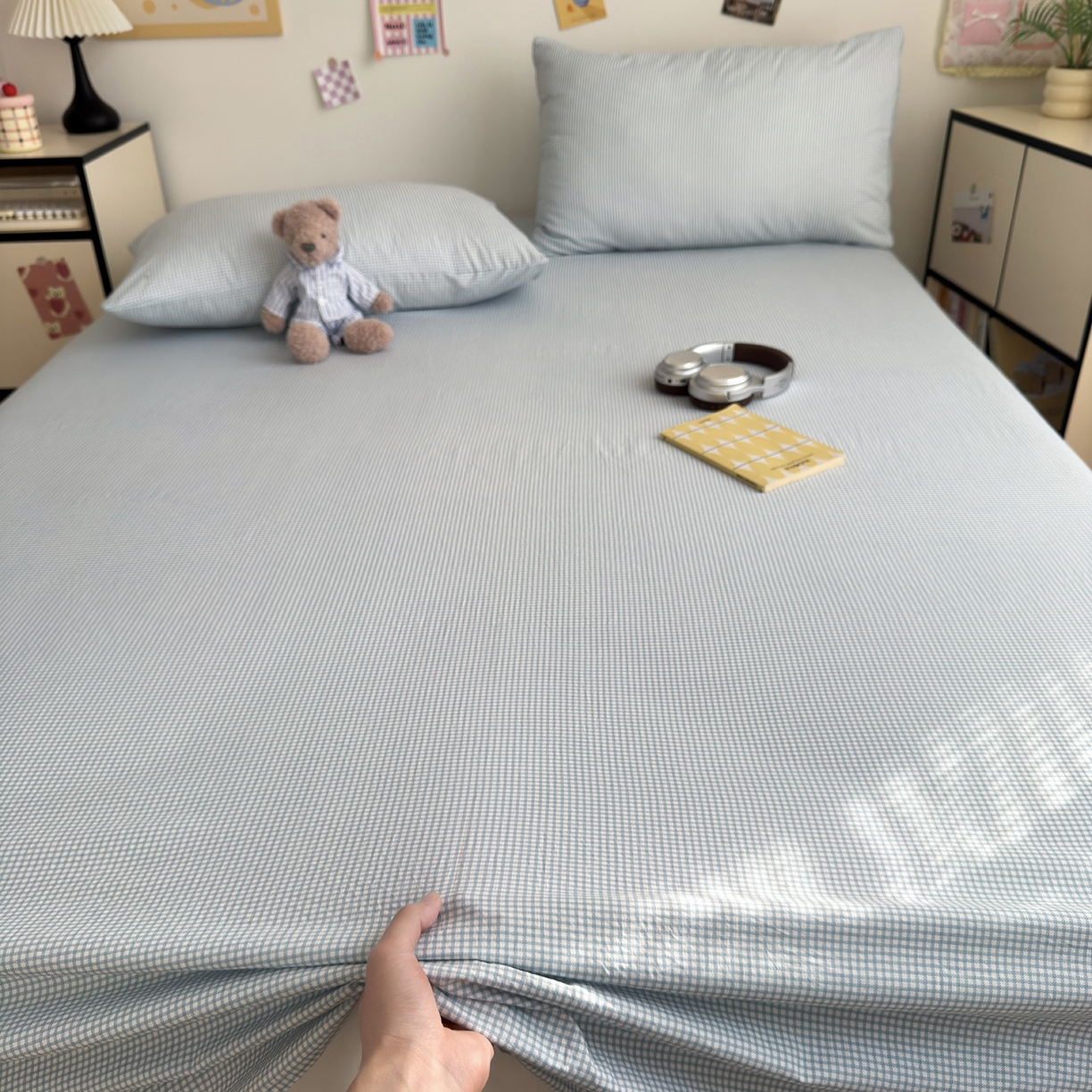 91家纺网 家纺一手货源 找家纺 沐芷 2026 【提供买家秀】A类单床单古法水洗仿棉 单人双人床单三件套 迷你格-蓝