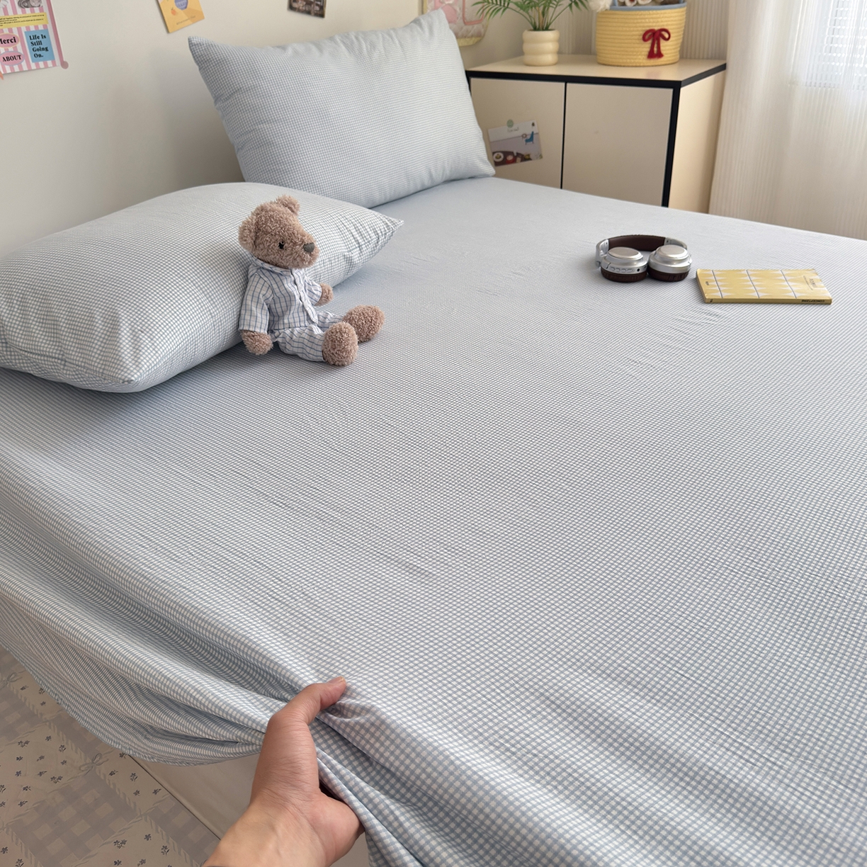 91家纺网 家纺一手货源 找家纺 沐芷 2026 【提供买家秀】A类单床单古法水洗仿棉 单人双人床单三件套 迷你格-蓝