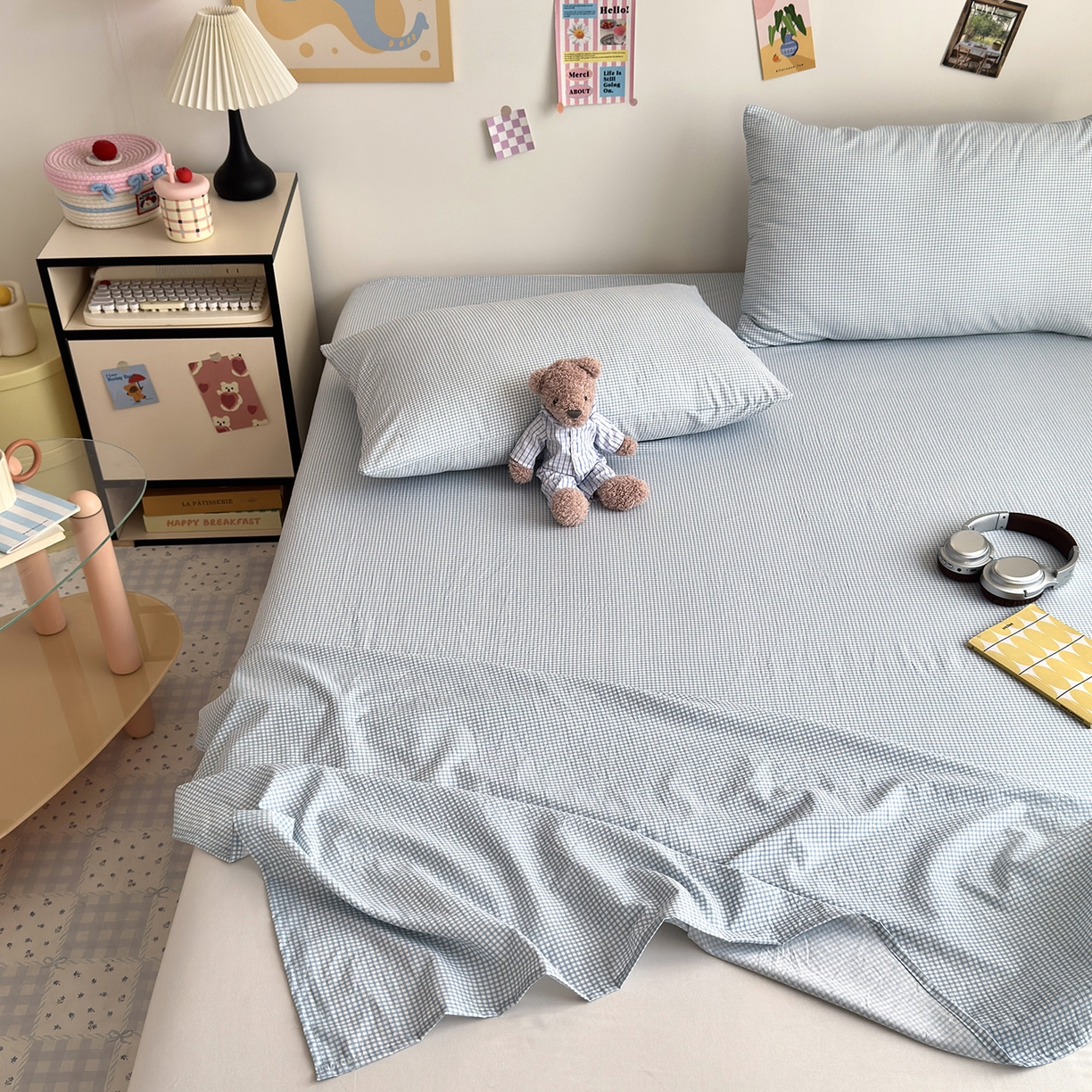 91家纺网 家纺一手货源 找家纺 沐芷 2026 【提供买家秀】A类单床单古法水洗仿棉 单人双人床单三件套 迷你格-蓝