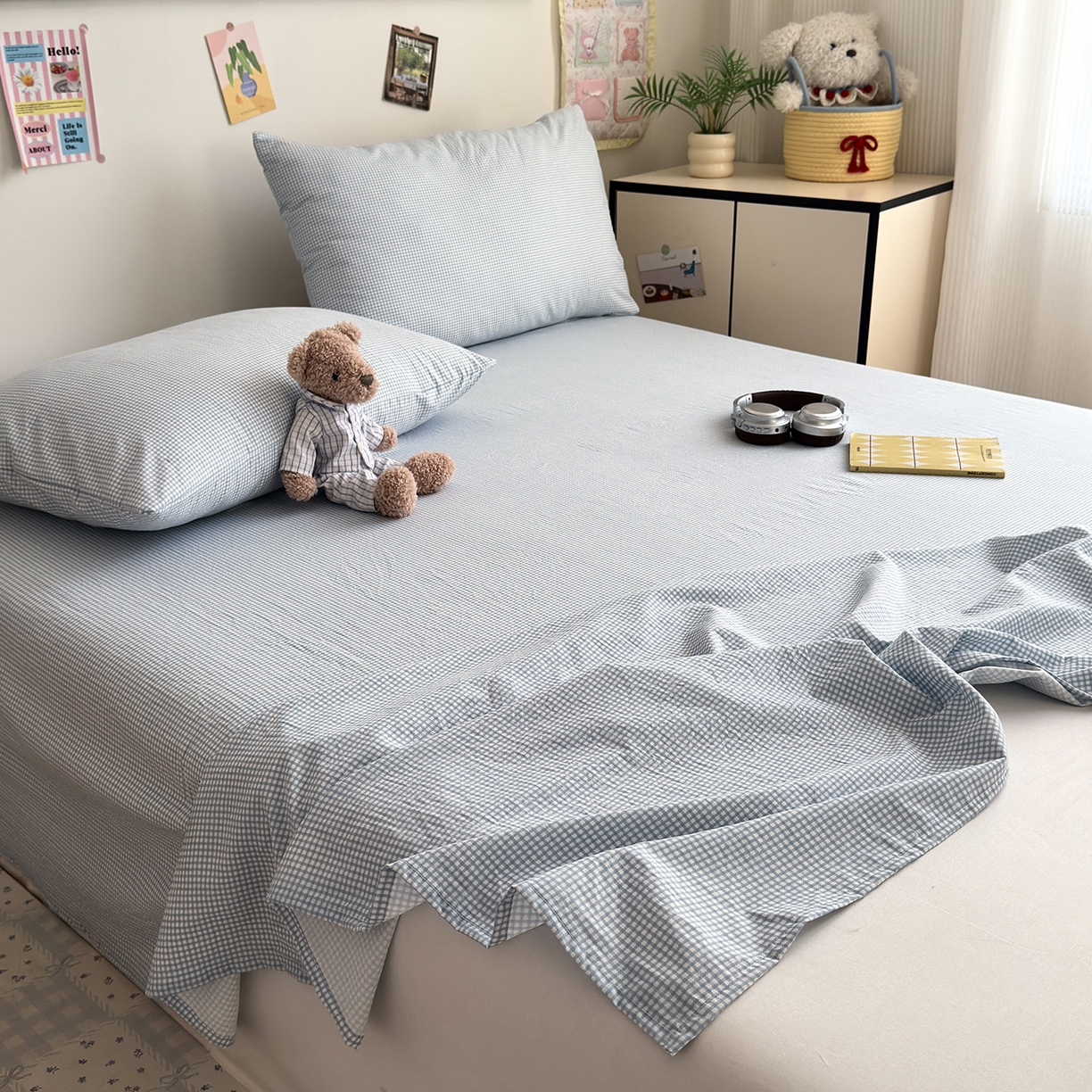 91家纺网 家纺一手货源 找家纺 沐芷 2026 【提供买家秀】A类单床单古法水洗仿棉 单人双人床单三件套 迷你格-蓝