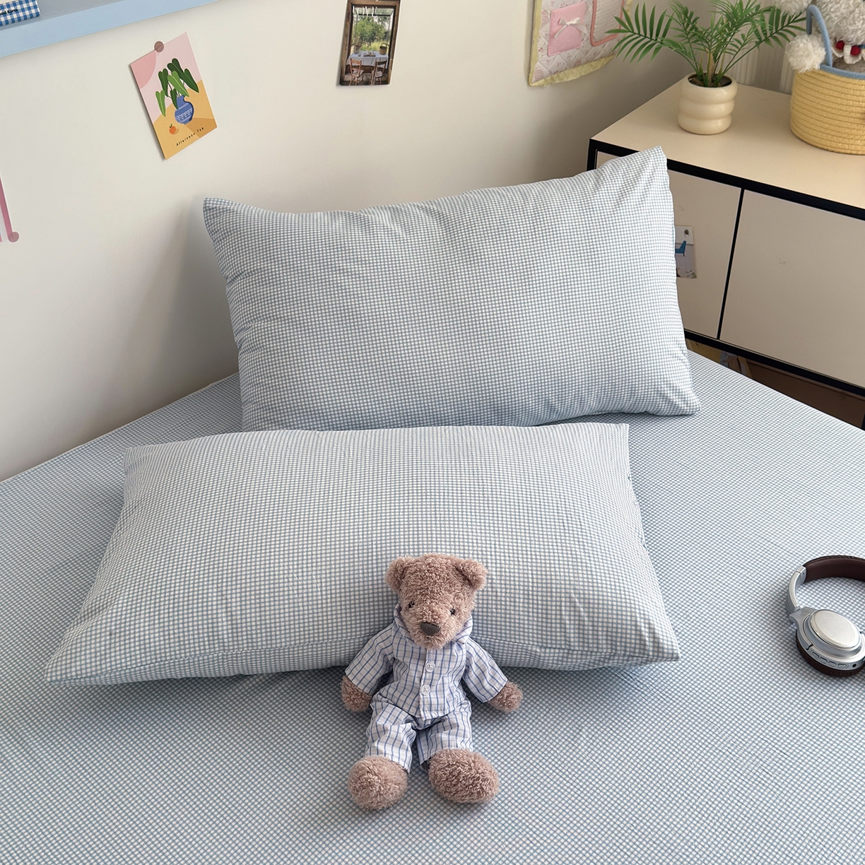 91家纺网 家纺一手货源 找家纺 沐芷 2026 【提供买家秀】A类单床单古法水洗仿棉 单人双人床单三件套 迷你格-蓝