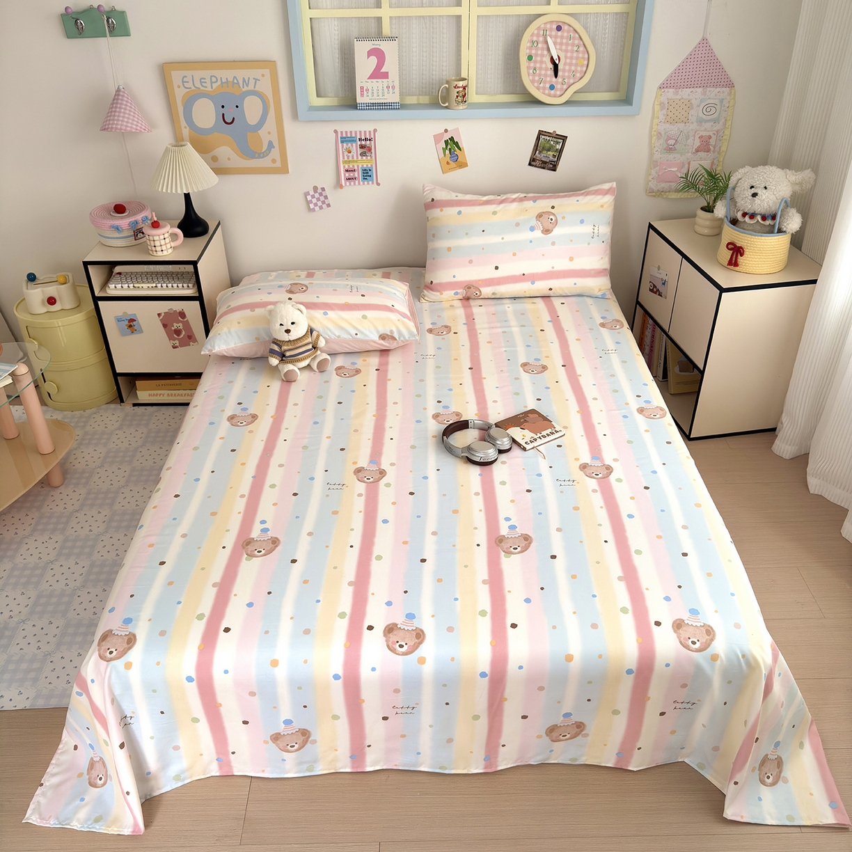 91家纺网 家纺一手货源 找家纺 沐芷 2026 【提供买家秀】A类单床单古法水洗仿棉 单人双人床单三件套 暖意小熊