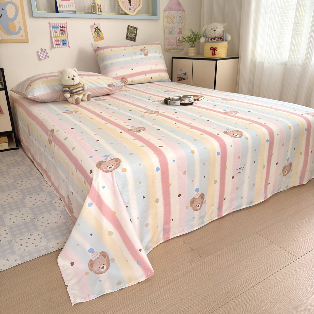 91家纺网 家纺一手货源 找家纺 沐芷 2026 【提供买家秀】A类单床单古法水洗仿棉 单人双人床单三件套 暖意小熊