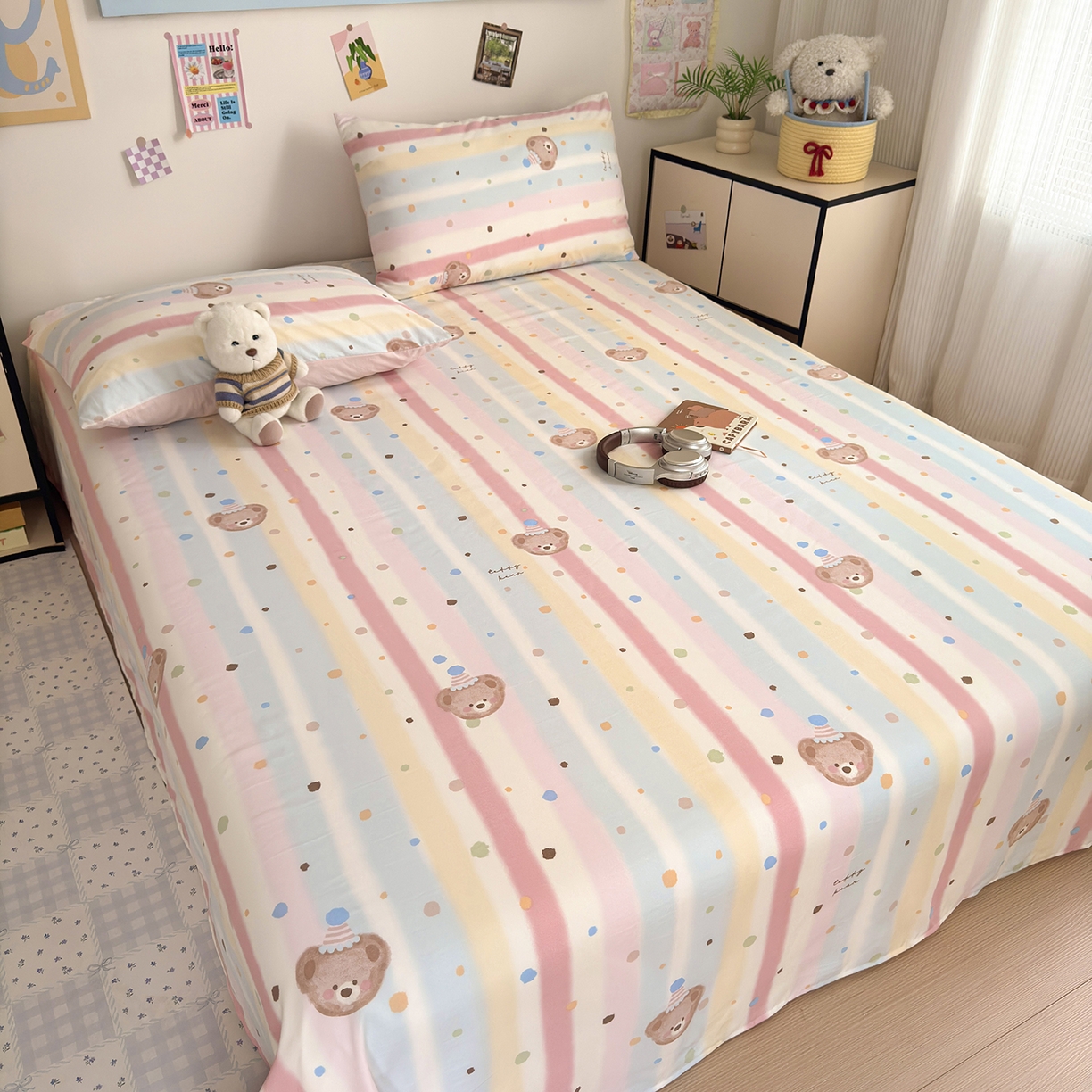 91家纺网 家纺一手货源 找家纺 沐芷 2026 【提供买家秀】A类单床单古法水洗仿棉 单人双人床单三件套 暖意小熊