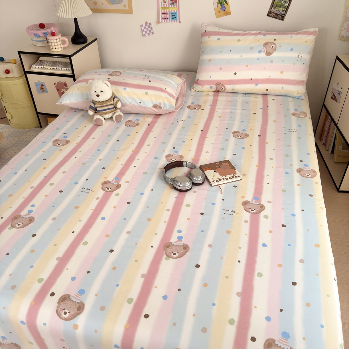 91家纺网 家纺一手货源 找家纺 沐芷 2026 【提供买家秀】A类单床单古法水洗仿棉 单人双人床单三件套 暖意小熊