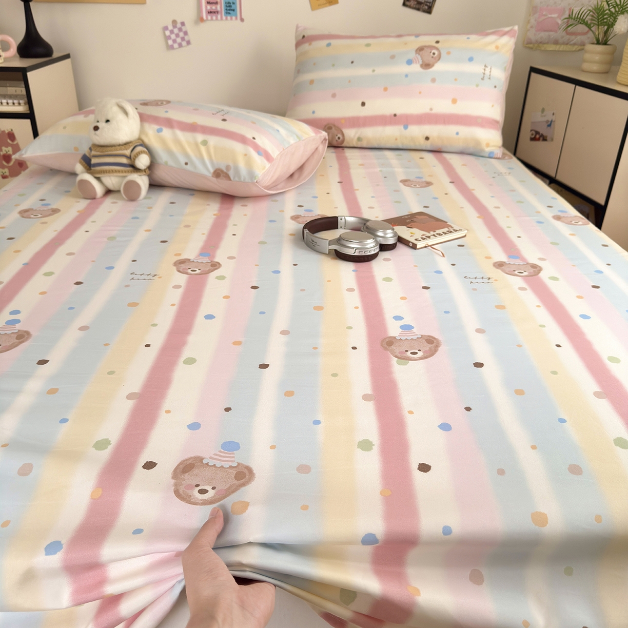 91家纺网 家纺一手货源 找家纺 沐芷 2026 【提供买家秀】A类单床单古法水洗仿棉 单人双人床单三件套 暖意小熊