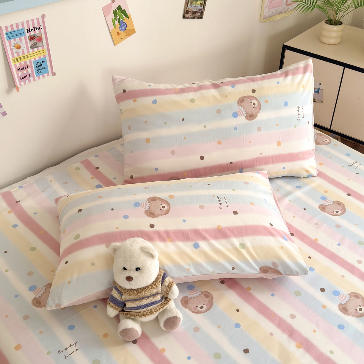 91家纺网 家纺一手货源 找家纺 沐芷 2026 【提供买家秀】A类单床单古法水洗仿棉 单人双人床单三件套 暖意小熊