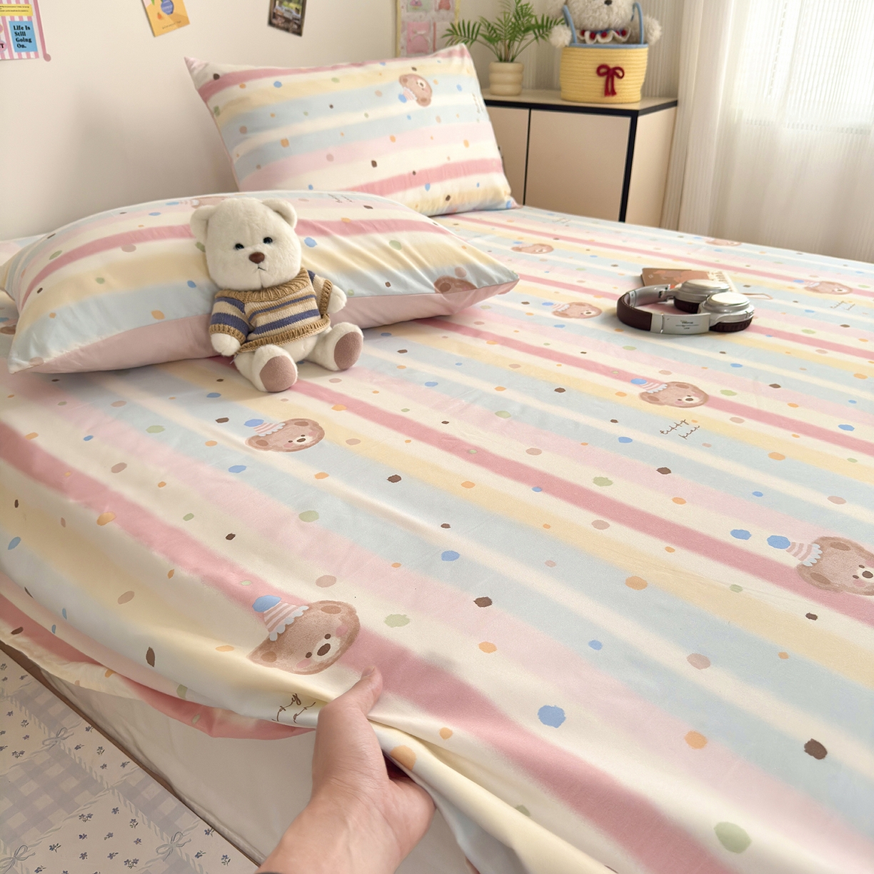 91家纺网 家纺一手货源 找家纺 沐芷 2026 【提供买家秀】A类单床单古法水洗仿棉 单人双人床单三件套 暖意小熊