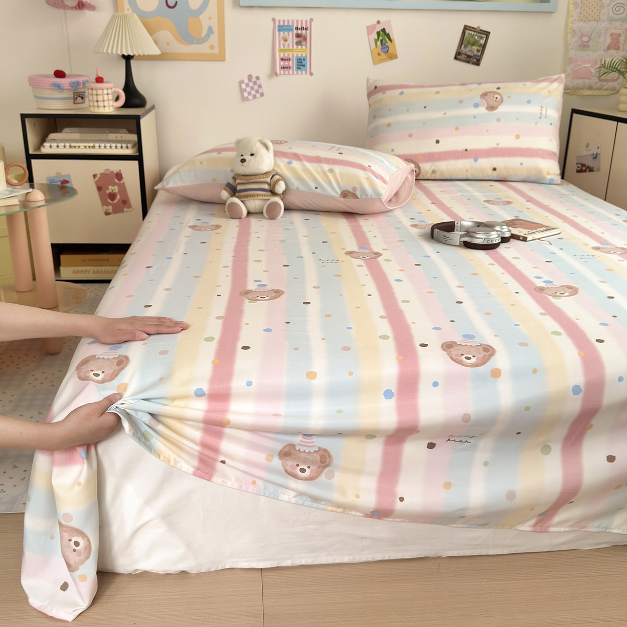 91家纺网 家纺一手货源 找家纺 沐芷 2026 【提供买家秀】A类单床单古法水洗仿棉 单人双人床单三件套 暖意小熊