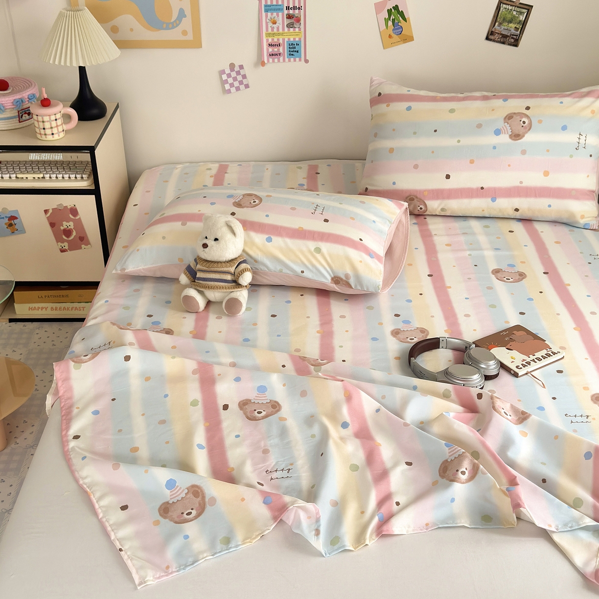 91家纺网 家纺一手货源 找家纺 沐芷 2026 【提供买家秀】A类单床单古法水洗仿棉 单人双人床单三件套 暖意小熊