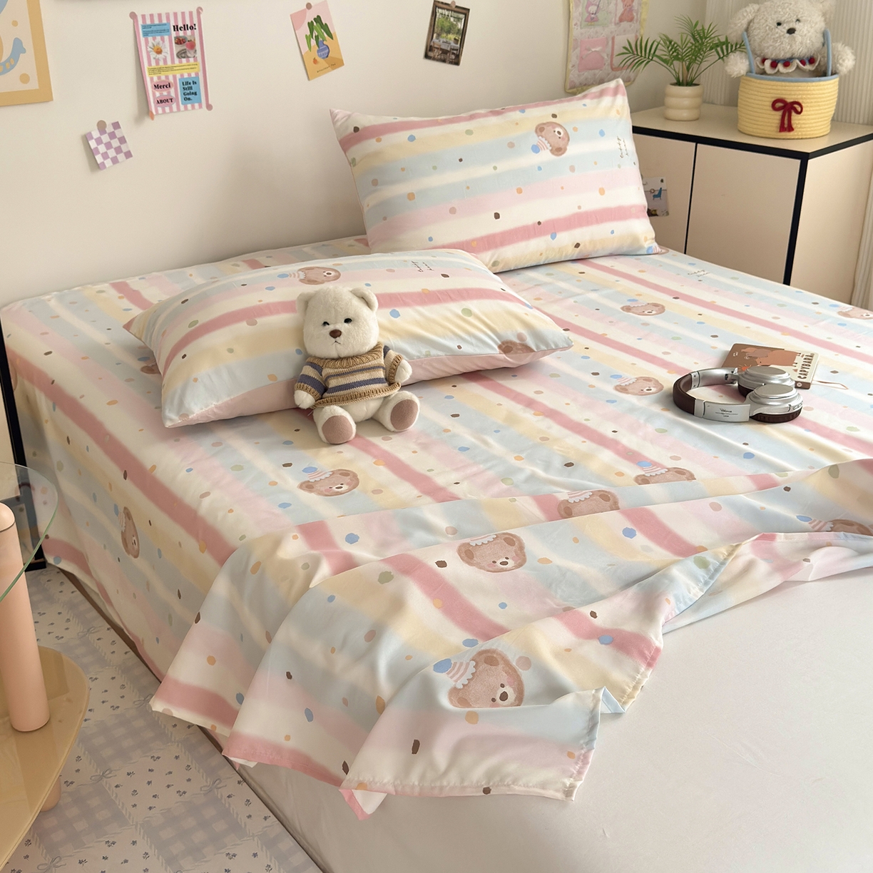 91家纺网 家纺一手货源 找家纺 沐芷 2026 【提供买家秀】A类单床单古法水洗仿棉 单人双人床单三件套 暖意小熊