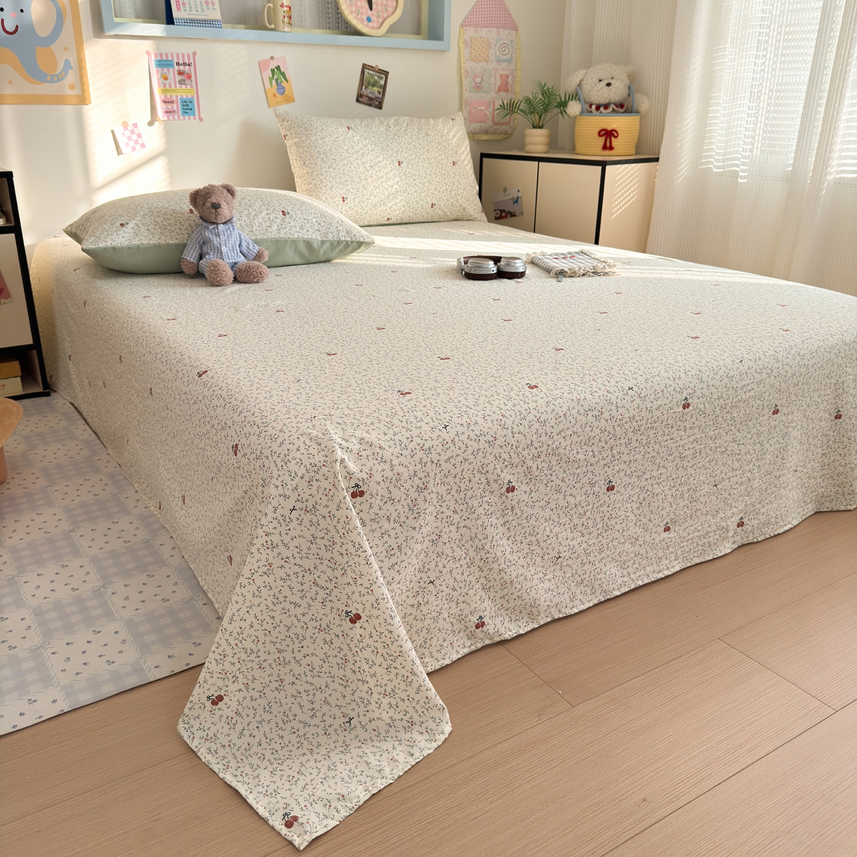 91家纺网 家纺一手货源 找家纺 沐芷 2026 【提供买家秀】A类单床单古法水洗仿棉 单人双人床单三件套 樱桃物语