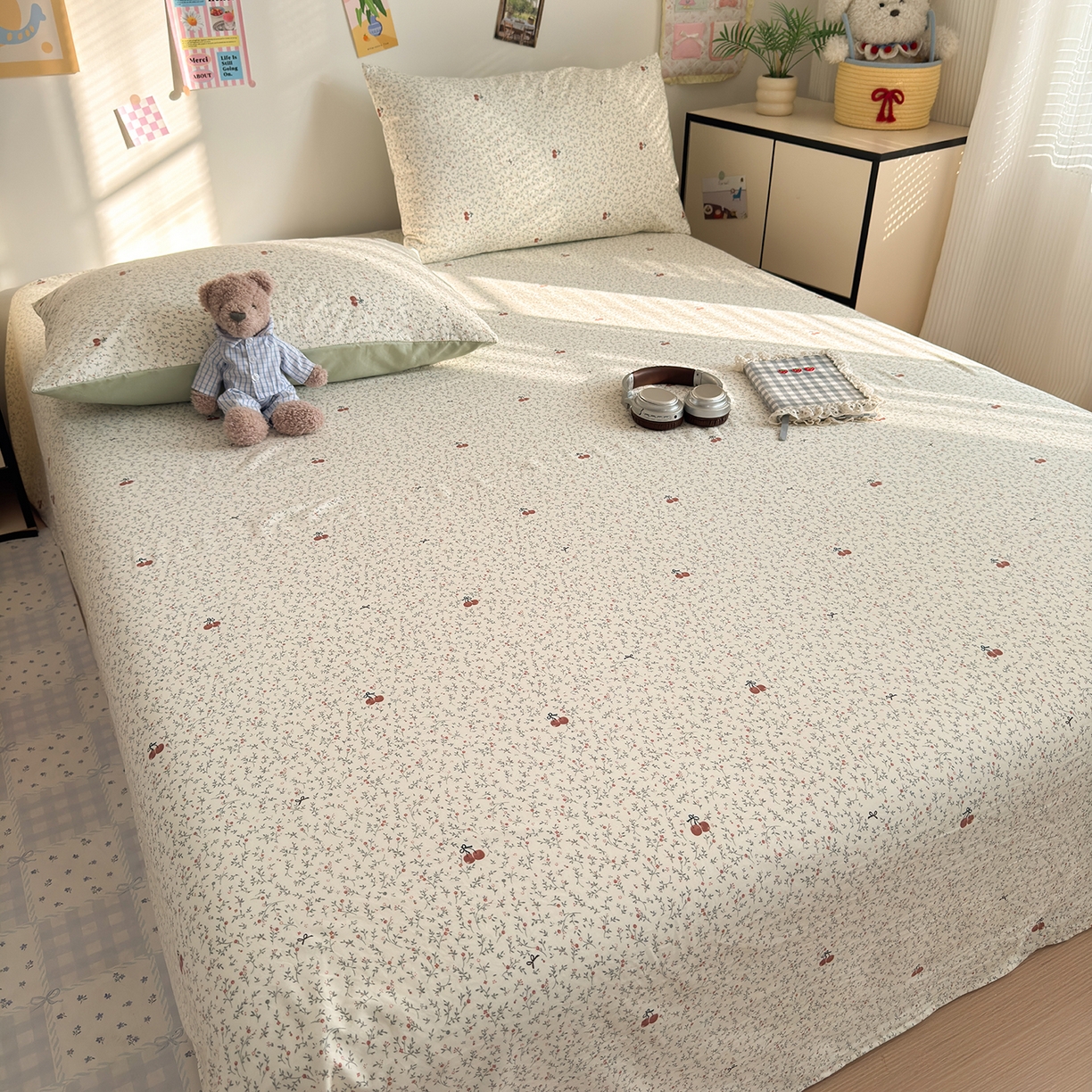 91家纺网 家纺一手货源 找家纺 沐芷 2026 【提供买家秀】A类单床单古法水洗仿棉 单人双人床单三件套 樱桃物语