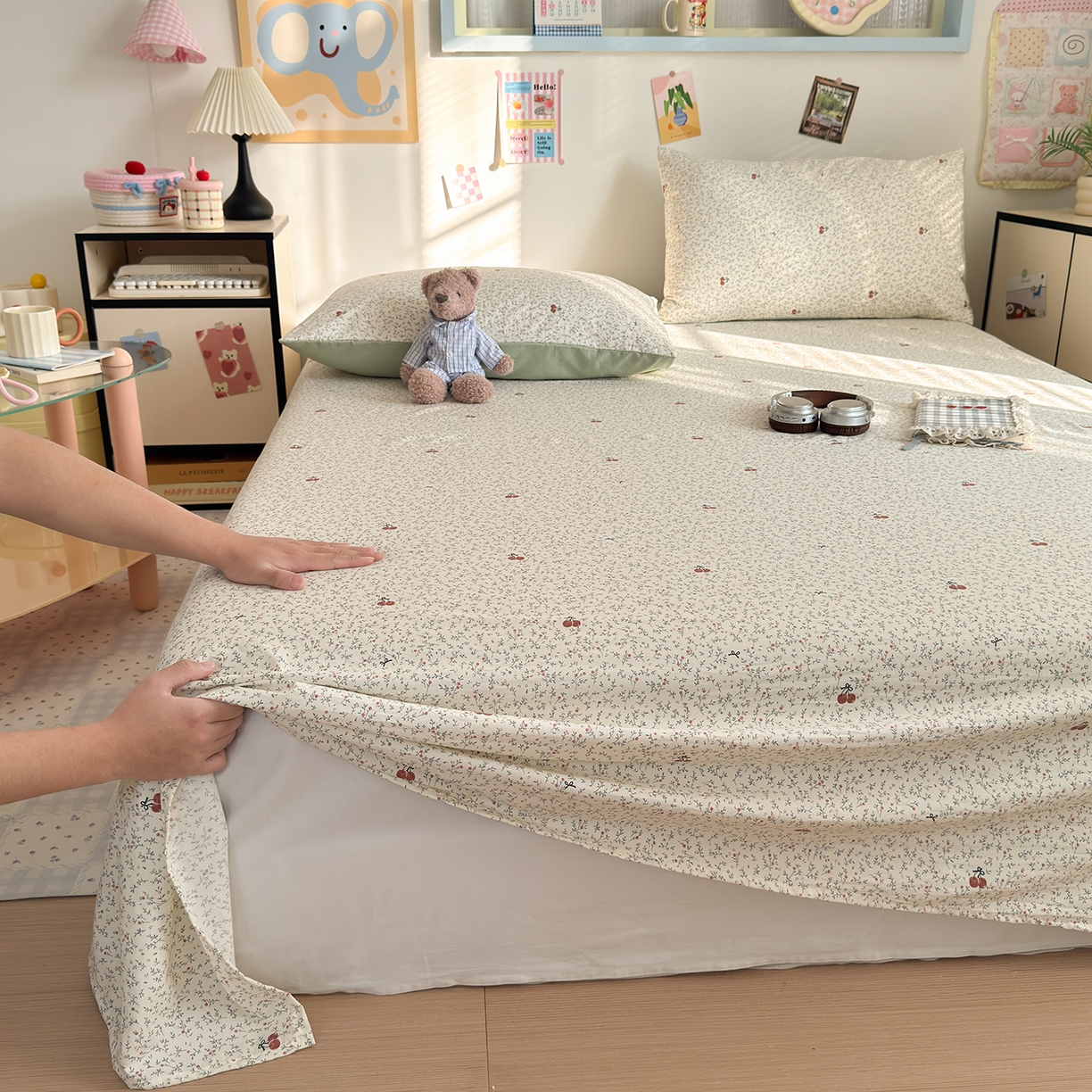 91家纺网 家纺一手货源 找家纺 沐芷 2026 【提供买家秀】A类单床单古法水洗仿棉 单人双人床单三件套 樱桃物语