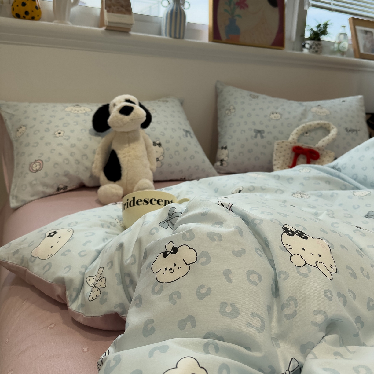 91家纺网 家纺一手货源 找家纺 呗旺鹿 2026春夏新款全棉纯棉40支12868卡通ins风四件套 H蓝豹纹咪咪狗