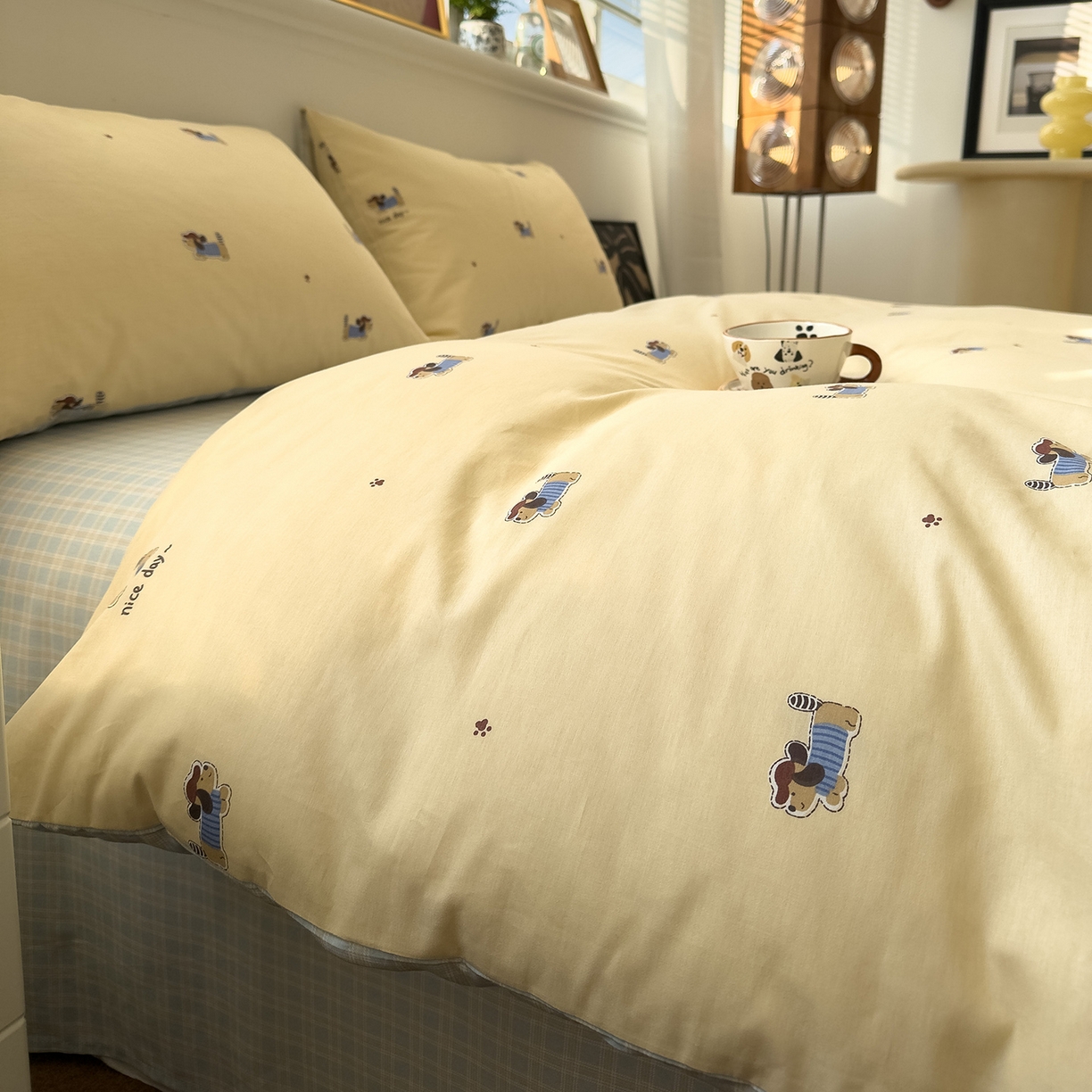 91家纺网 家纺一手货源 找家纺 呗旺鹿 2026春夏新款全棉纯棉40支12868卡通ins风四件套 运动小狗