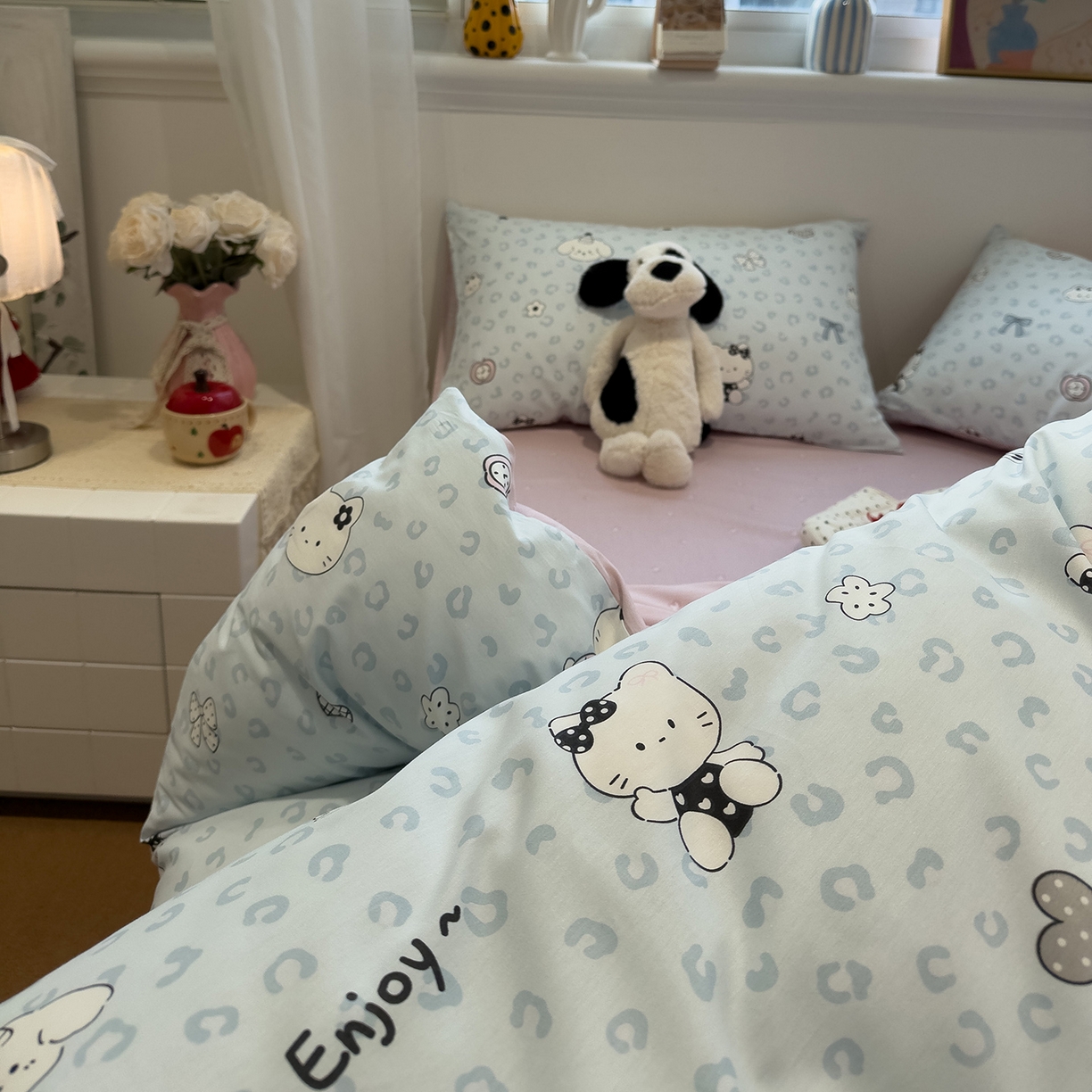 91家纺网 家纺一手货源 找家纺 呗旺鹿 2026春夏新款全棉纯棉40支12868卡通ins风四件套 H蓝豹纹咪咪狗