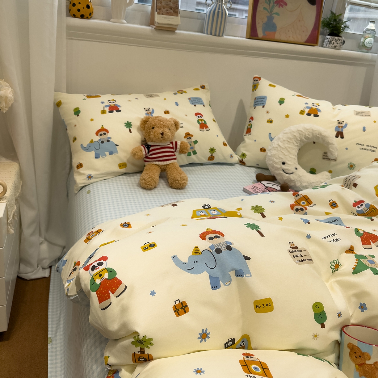 91家纺网 家纺一手货源 找家纺 呗旺鹿 2026春夏新款全棉纯棉40支12868卡通ins风四件套 熊猫总动员