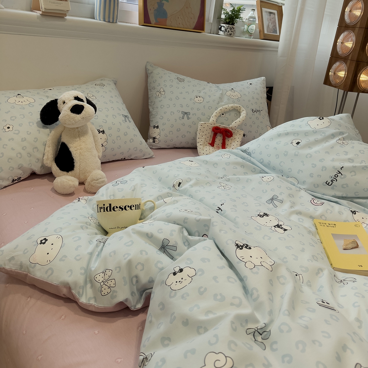 91家纺网 家纺一手货源 找家纺 呗旺鹿 2026春夏新款全棉纯棉40支12868卡通ins风四件套 H蓝豹纹咪咪狗