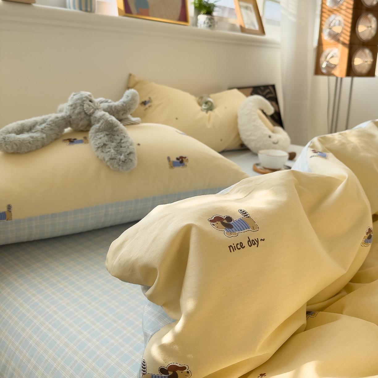 91家纺网 家纺一手货源 找家纺 呗旺鹿 2026春夏新款全棉纯棉40支12868卡通ins风四件套 运动小狗