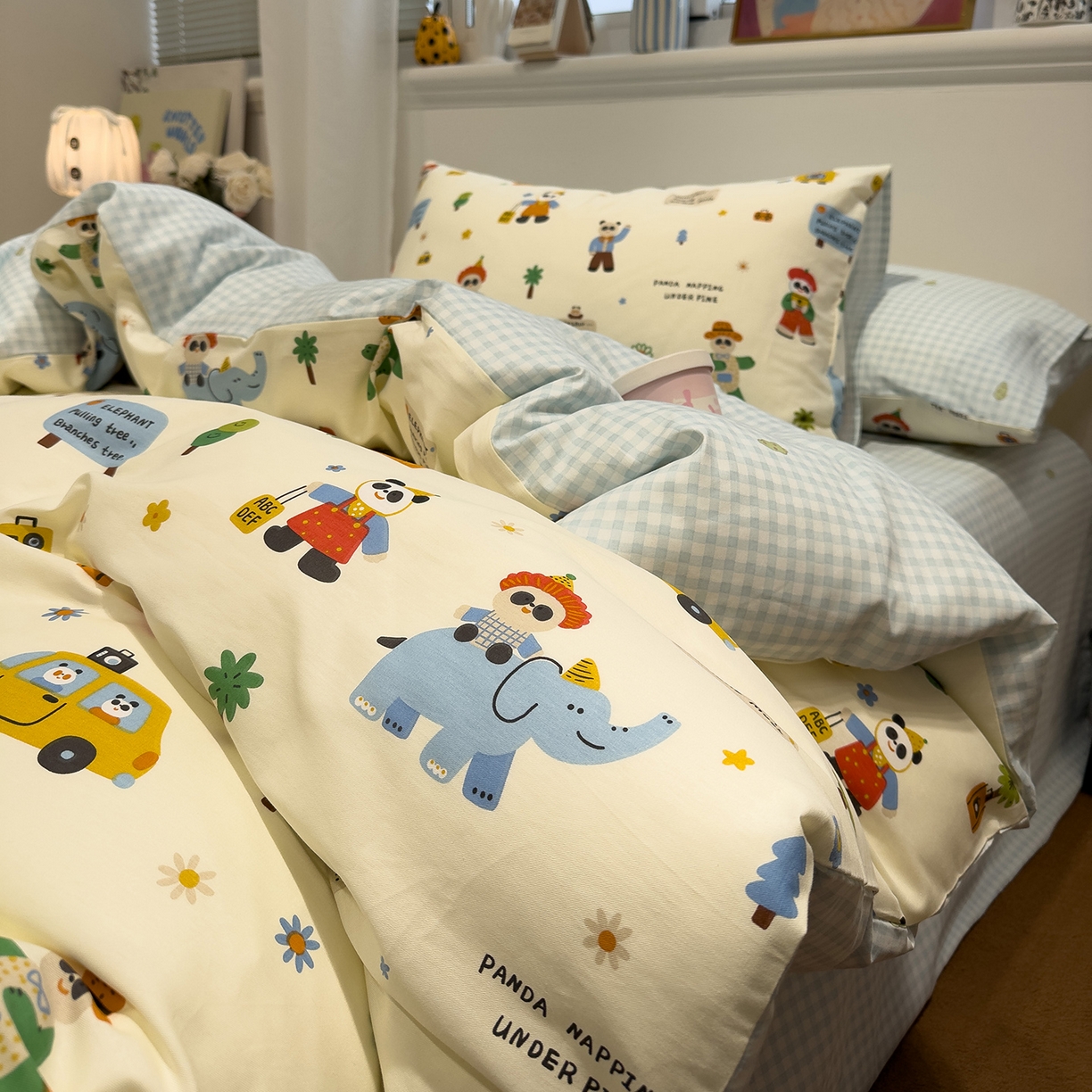 91家纺网 家纺一手货源 找家纺 呗旺鹿 2026春夏新款全棉纯棉40支12868卡通ins风四件套 熊猫总动员