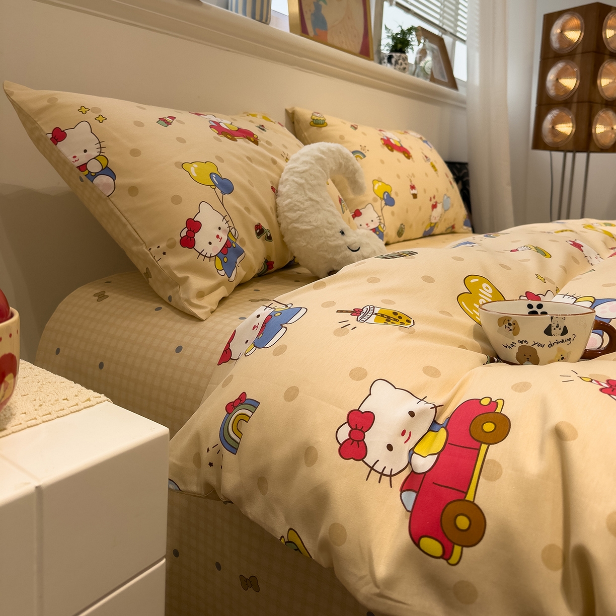 91家纺网 家纺一手货源 找家纺 呗旺鹿 2026春夏新款全棉纯棉40支12868卡通ins风四件套 嗨皮猫