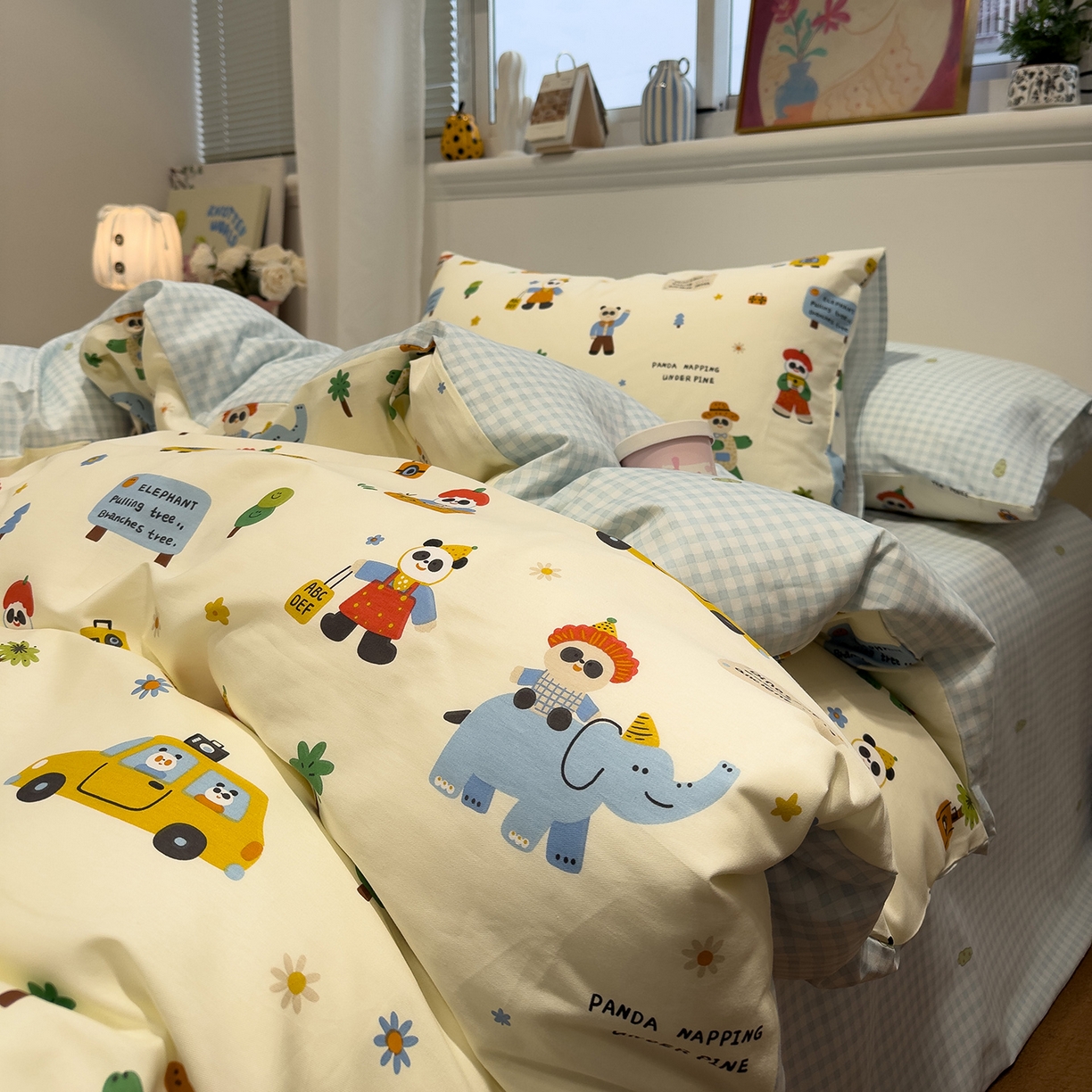 91家纺网 家纺一手货源 找家纺 呗旺鹿 2026春夏新款全棉纯棉40支12868卡通ins风四件套 熊猫总动员