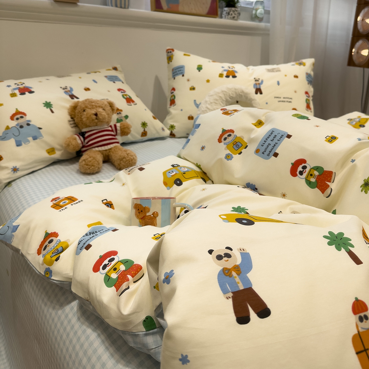 91家纺网 家纺一手货源 找家纺 呗旺鹿 2026春夏新款全棉纯棉40支12868卡通ins风四件套 熊猫总动员