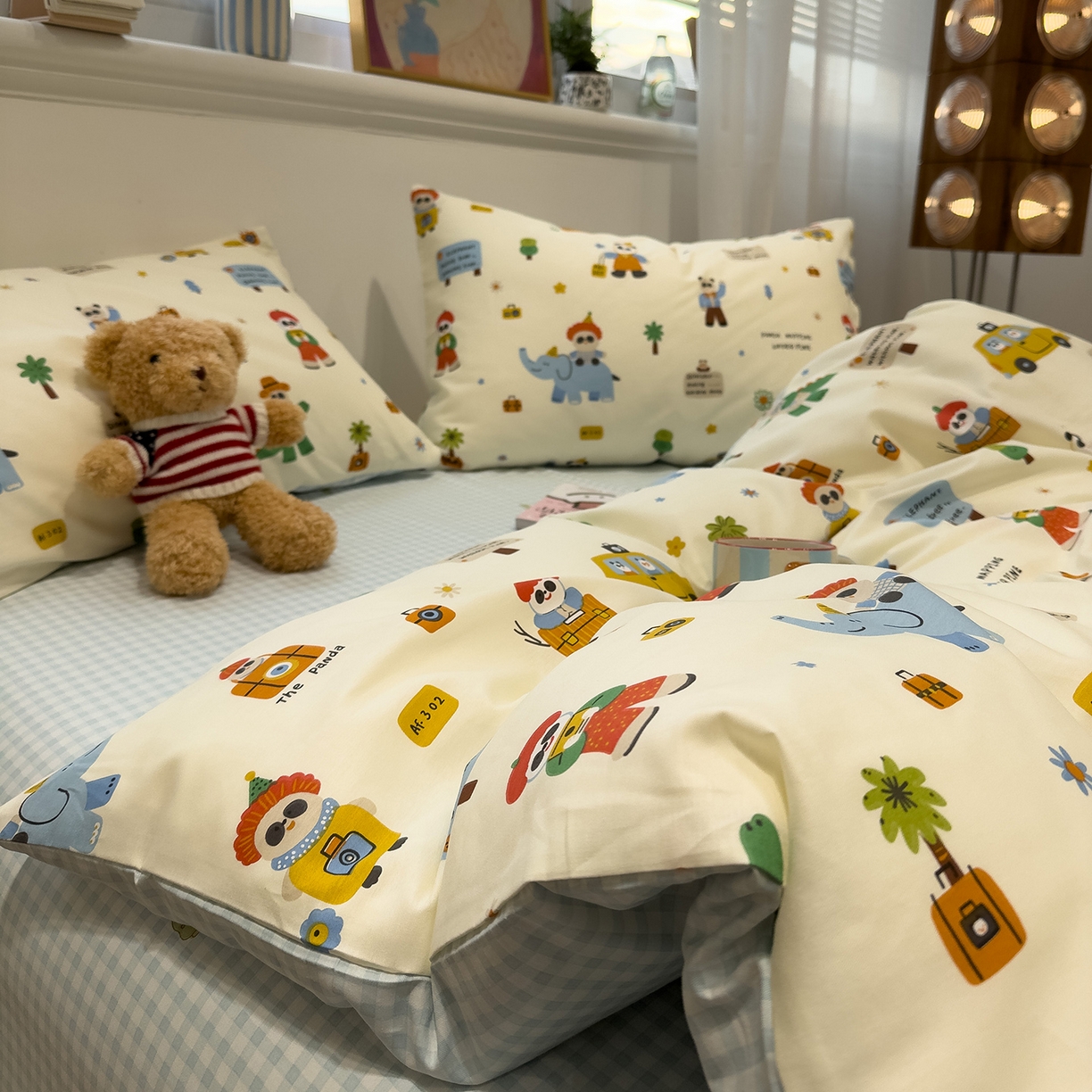 91家纺网 家纺一手货源 找家纺 呗旺鹿 2026春夏新款全棉纯棉40支12868卡通ins风四件套 熊猫总动员