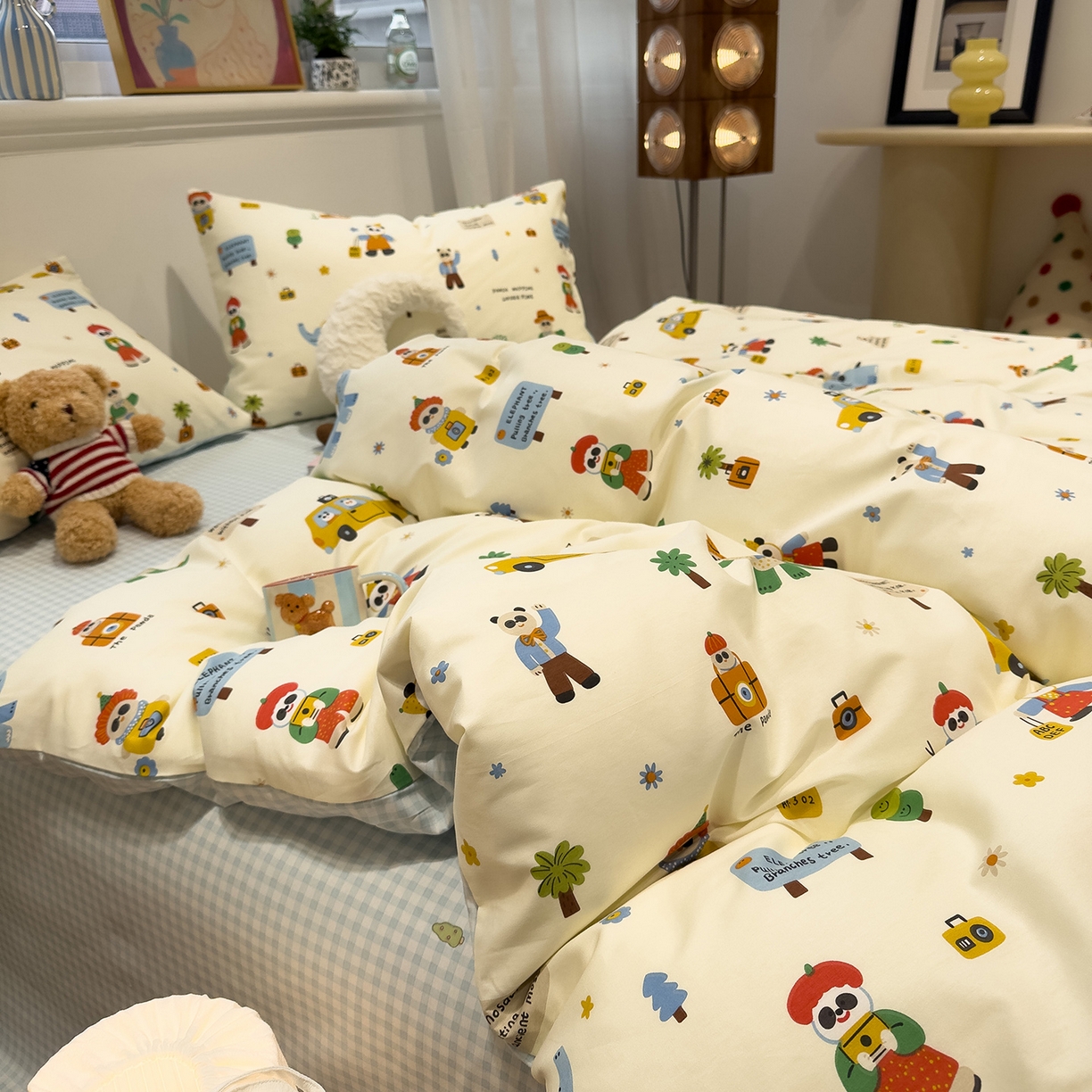 91家纺网 家纺一手货源 找家纺 呗旺鹿 2026春夏新款全棉纯棉40支12868卡通ins风四件套 熊猫总动员