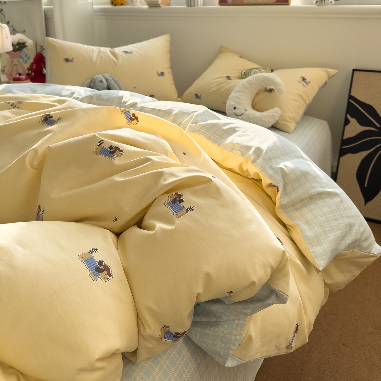 91家纺网 家纺一手货源 找家纺 呗旺鹿 2026春夏新款全棉纯棉40支12868卡通ins风四件套 运动小狗