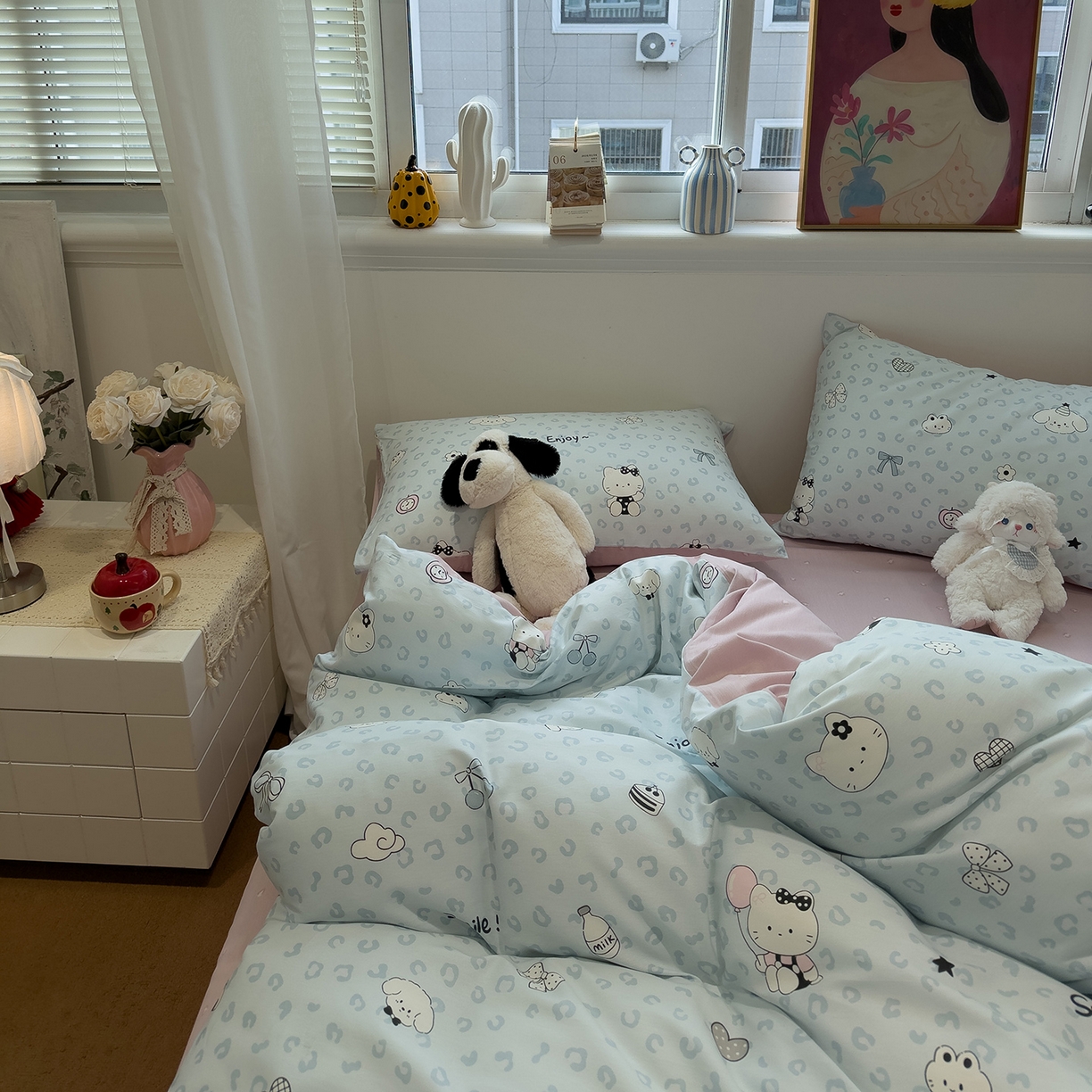 91家纺网 家纺一手货源 找家纺 呗旺鹿 2026春夏新款全棉纯棉40支12868卡通ins风四件套 H蓝豹纹咪咪狗