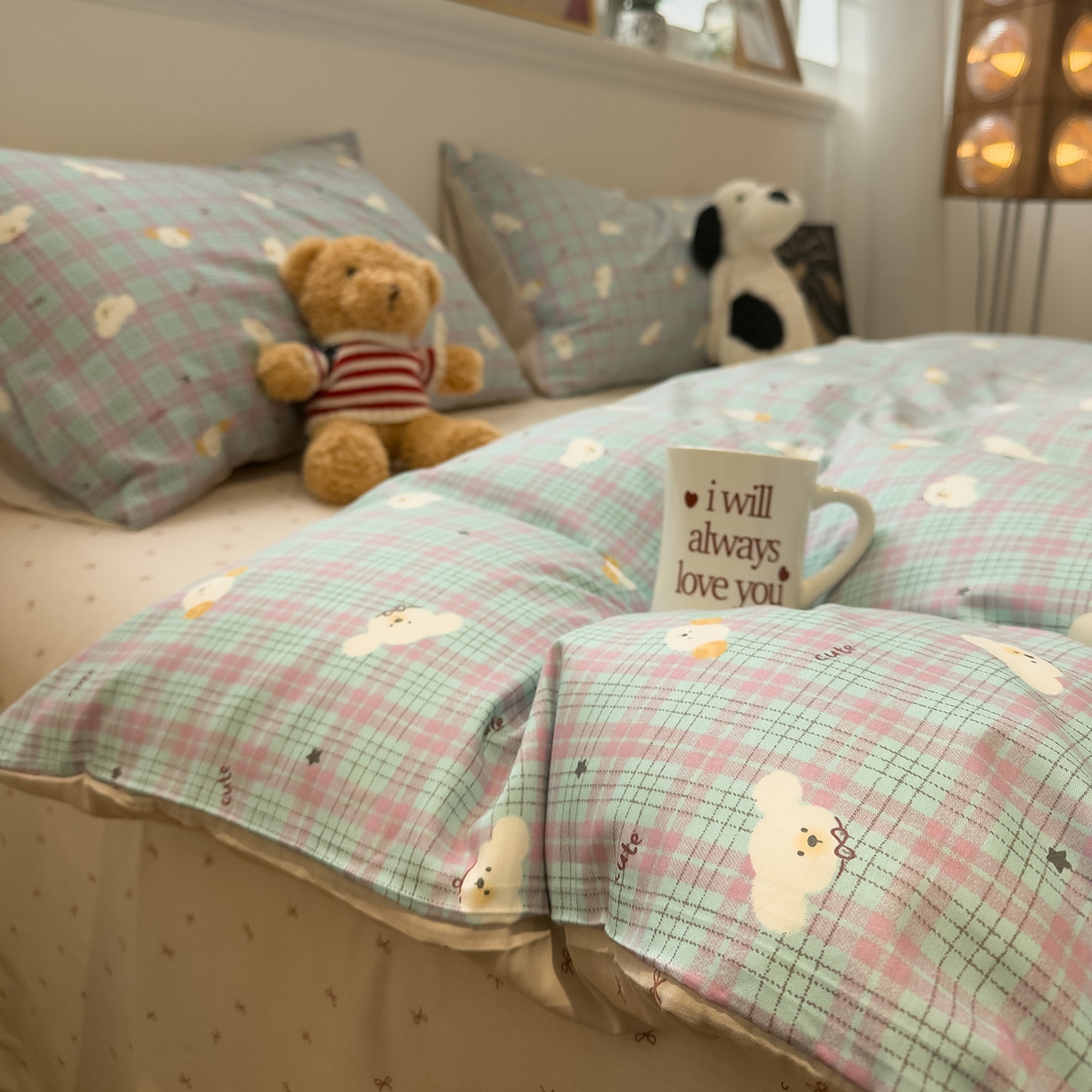 91家纺网 家纺一手货源 找家纺 呗旺鹿 2026春夏新款全棉纯棉40支12868卡通ins风四件套 聪明小狗