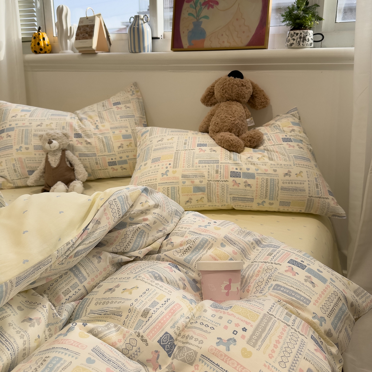 91家纺网 家纺一手货源 找家纺 呗旺鹿 2026春夏新款全棉纯棉40支12868卡通ins风四件套 奔腾小马