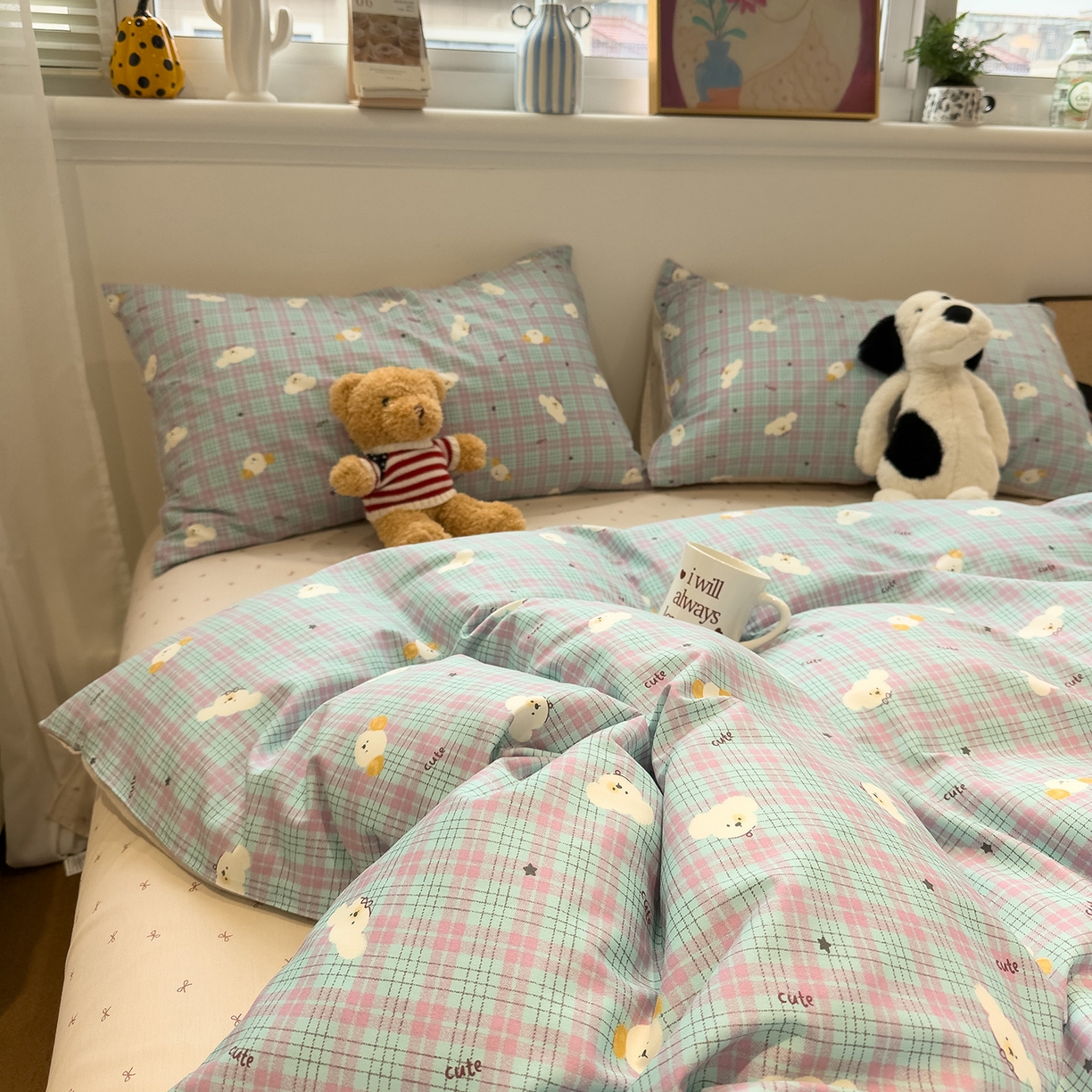 91家纺网 家纺一手货源 找家纺 呗旺鹿 2026春夏新款全棉纯棉40支12868卡通ins风四件套 聪明小狗