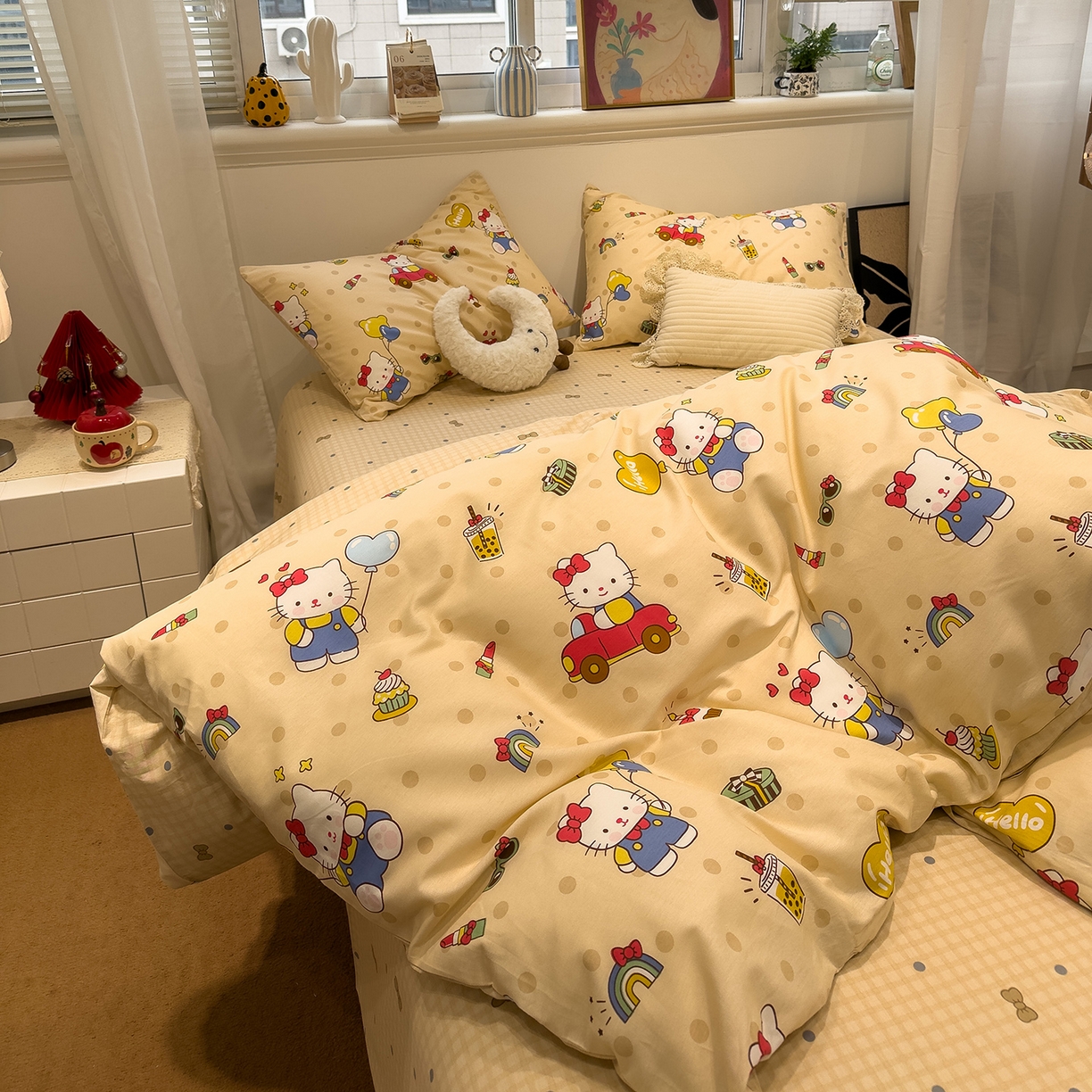 91家纺网 家纺一手货源 找家纺 呗旺鹿 2026春夏新款全棉纯棉40支12868卡通ins风四件套 嗨皮猫