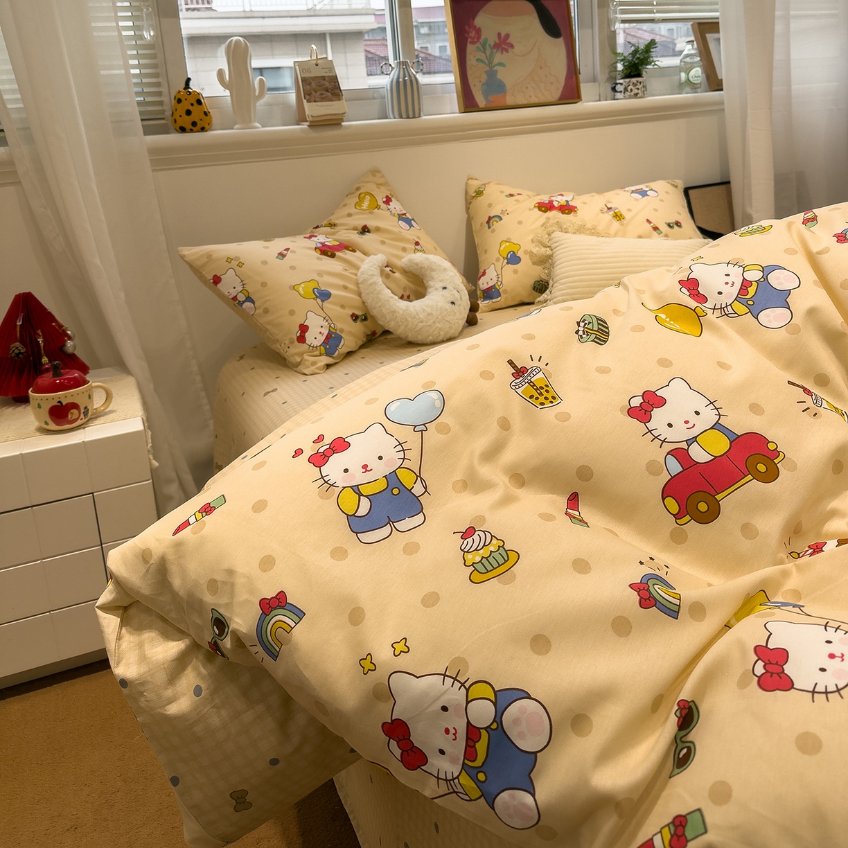 91家纺网 家纺一手货源 找家纺 呗旺鹿 2026春夏新款全棉纯棉40支12868卡通ins风四件套 嗨皮猫