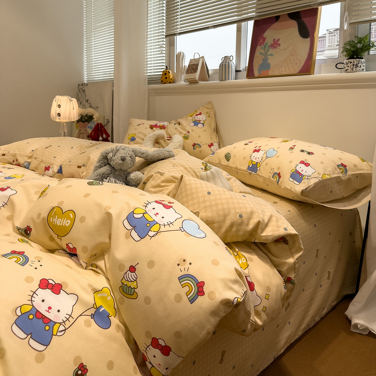 91家纺网 家纺一手货源 找家纺 呗旺鹿 2026春夏新款全棉纯棉40支12868卡通ins风四件套 嗨皮猫