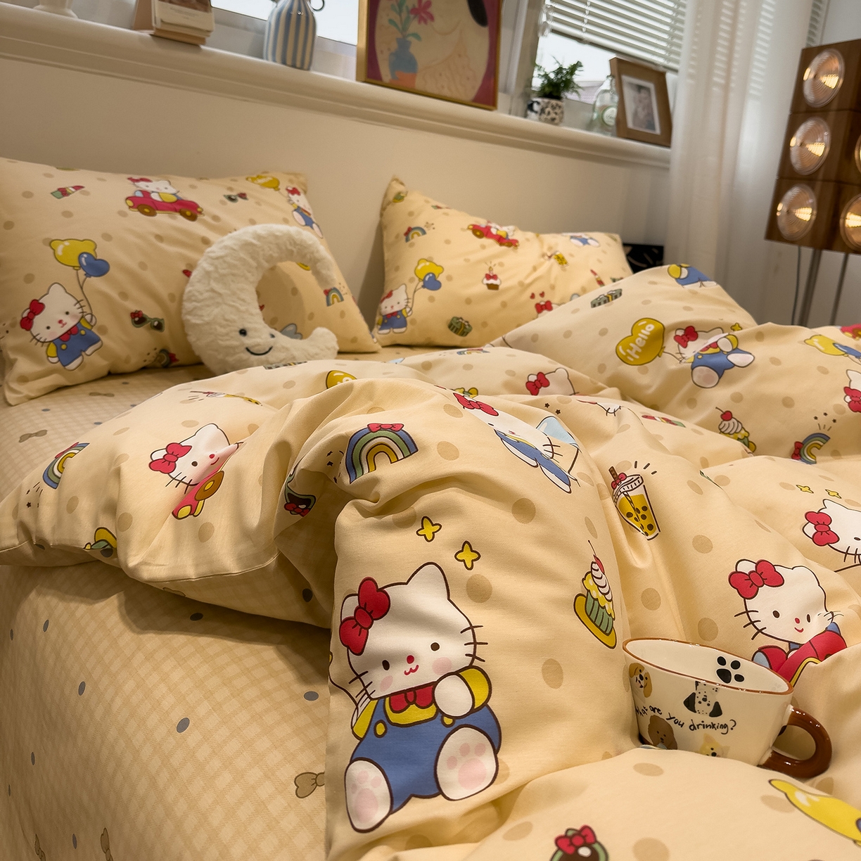 91家纺网 家纺一手货源 找家纺 呗旺鹿 2026春夏新款全棉纯棉40支12868卡通ins风四件套 嗨皮猫