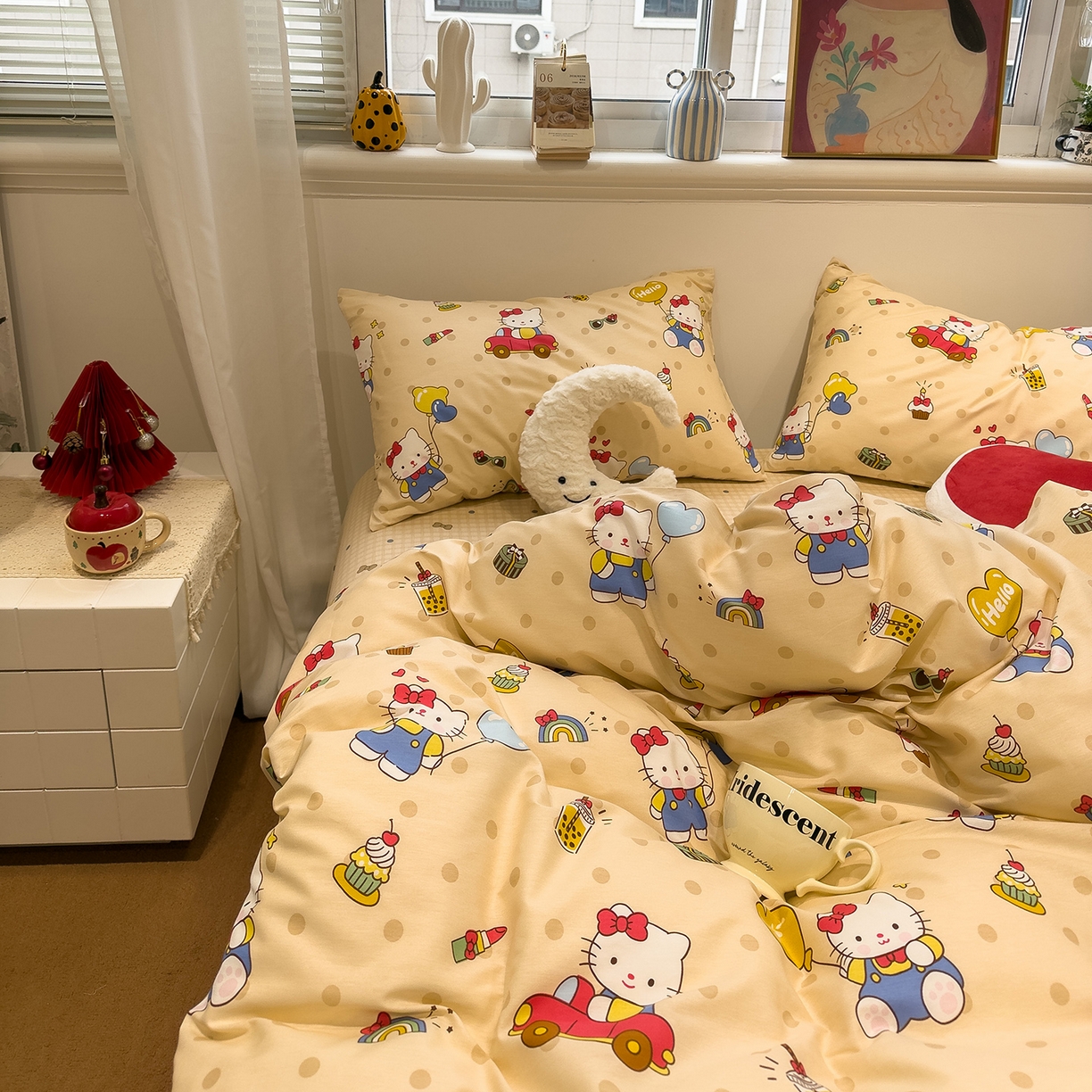 91家纺网 家纺一手货源 找家纺 呗旺鹿 2026春夏新款全棉纯棉40支12868卡通ins风四件套 嗨皮猫