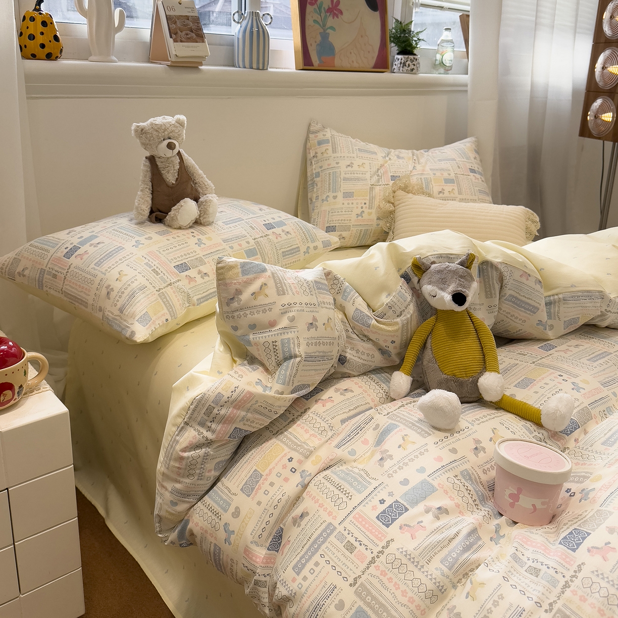 91家纺网 家纺一手货源 找家纺 呗旺鹿 2026春夏新款全棉纯棉40支12868卡通ins风四件套 奔腾小马